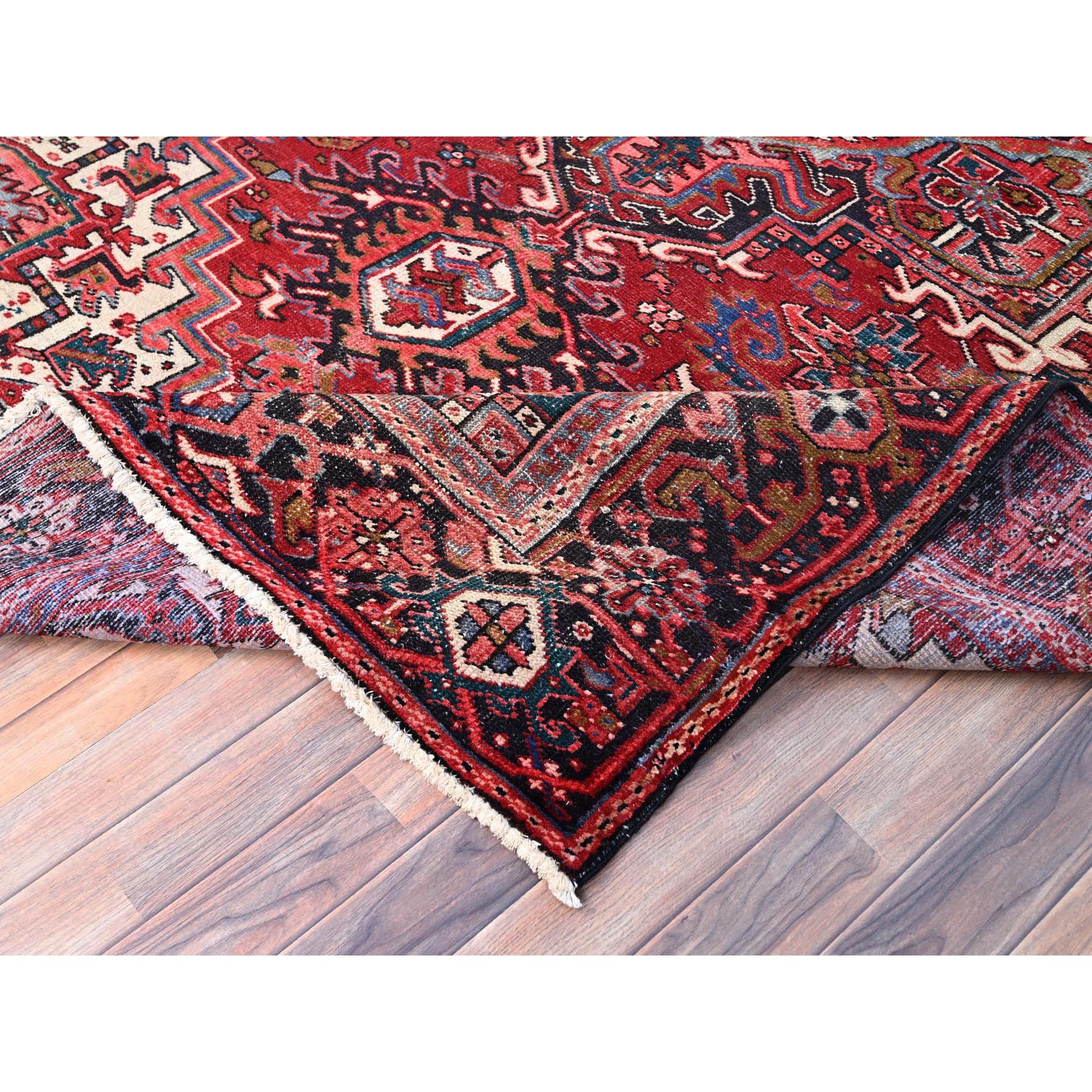 7'6"x11'6" Savvy Red, Good Condition, Lustrous Wool, Jewel Tone Color Geometric Medallion Design Semi Antique Persian Heriz Abrash Oriental Rug Sh86178