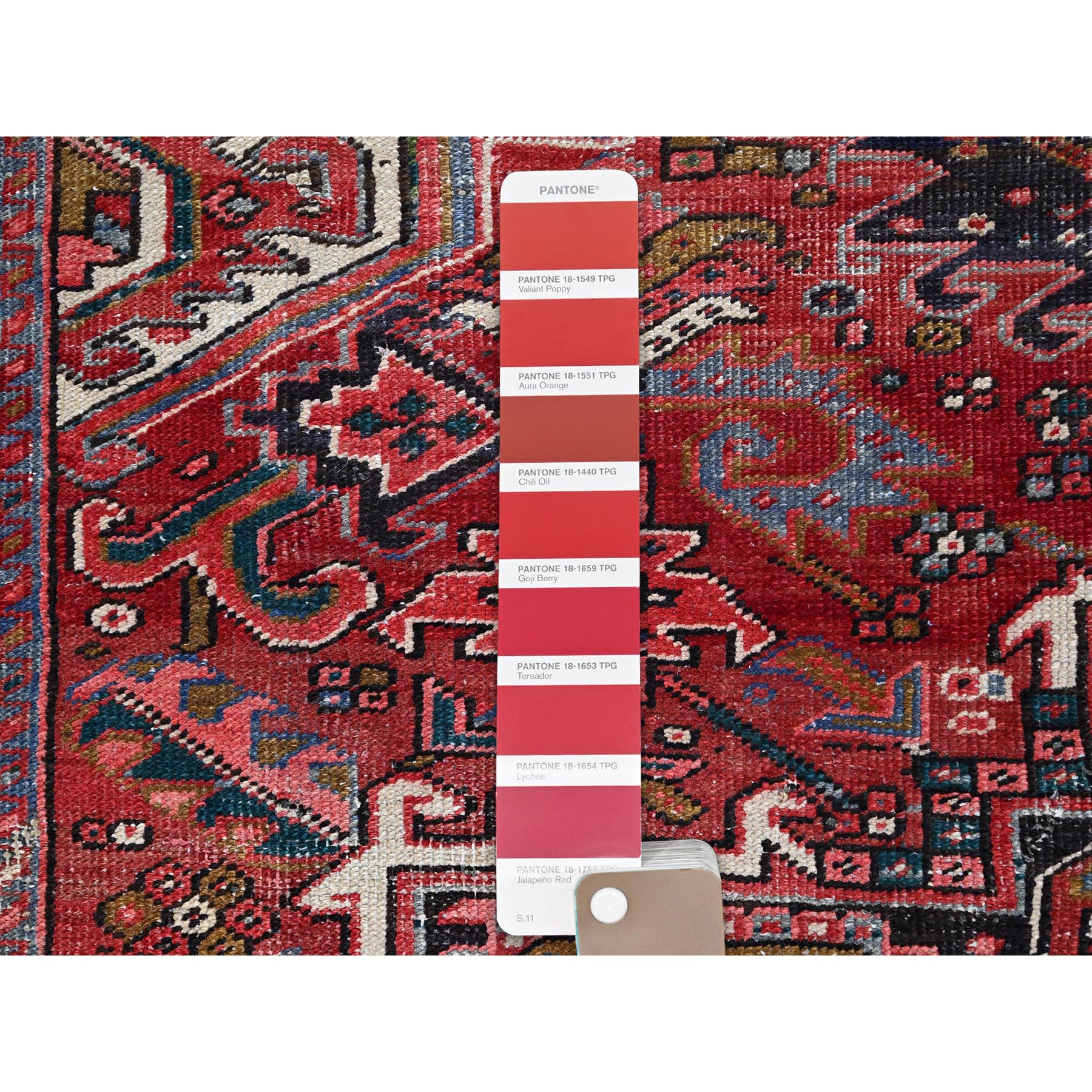 7'6"x11'6" Savvy Red, Good Condition, Lustrous Wool, Jewel Tone Color Geometric Medallion Design Semi Antique Persian Heriz Abrash Oriental Rug Sh86178