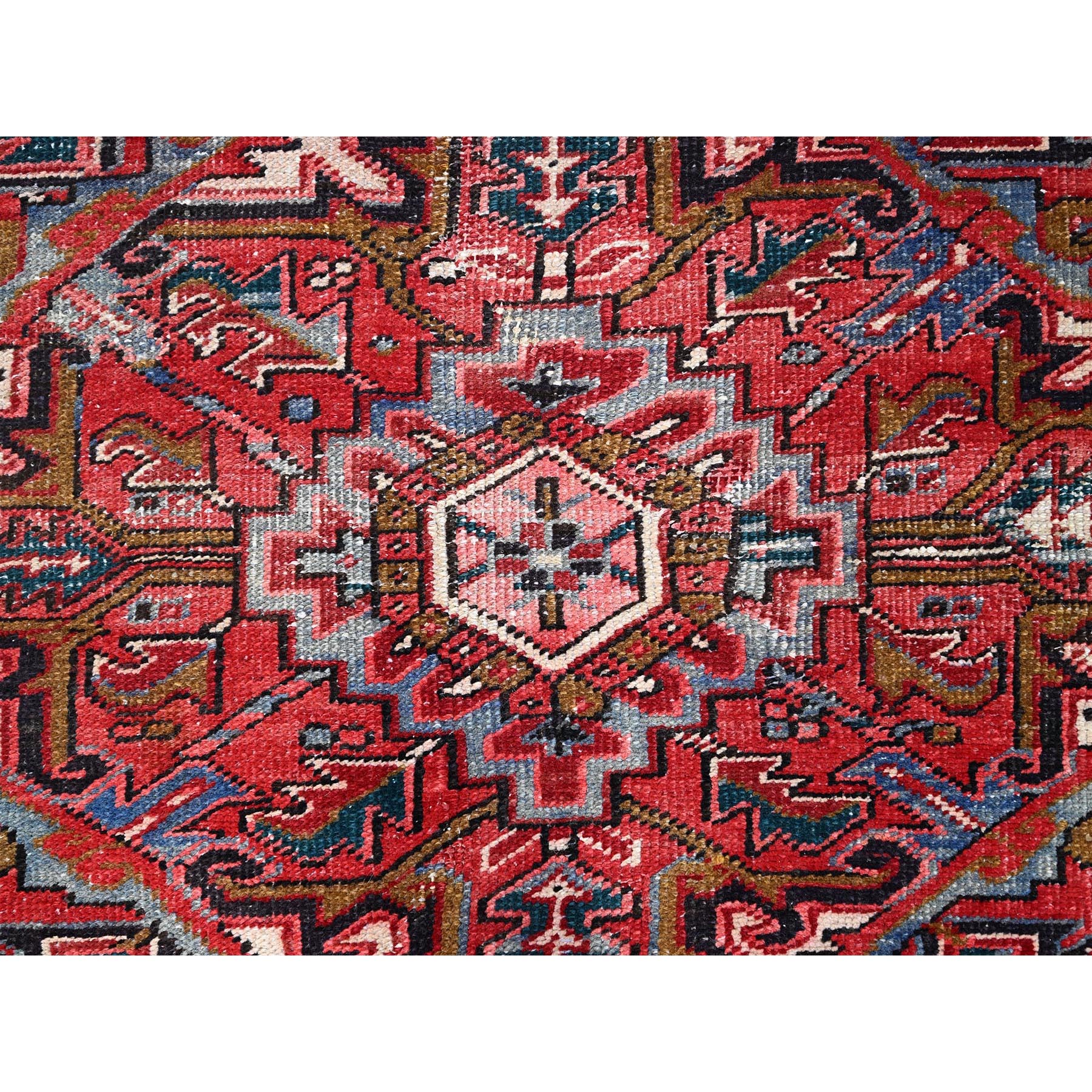 7'6"x11'6" Savvy Red, Good Condition, Lustrous Wool, Jewel Tone Color Geometric Medallion Design Semi Antique Persian Heriz Abrash Oriental Rug Sh86178