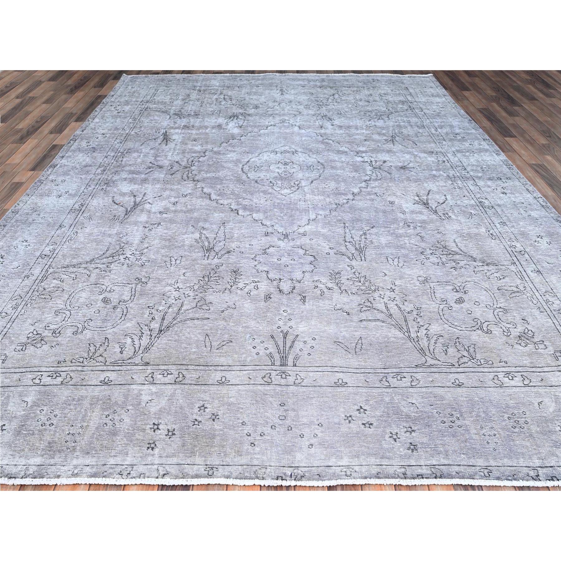 9'6"x12'4" Silver Sconce Gray, Hand Knotted Distressed Vintage Persian Tabriz, Silver Wash Great Condition, Sheared Low, Sides and Ends Secured, Professionally Cleaned, All Wool Evenly Worn, Oriental Rug Sh86193