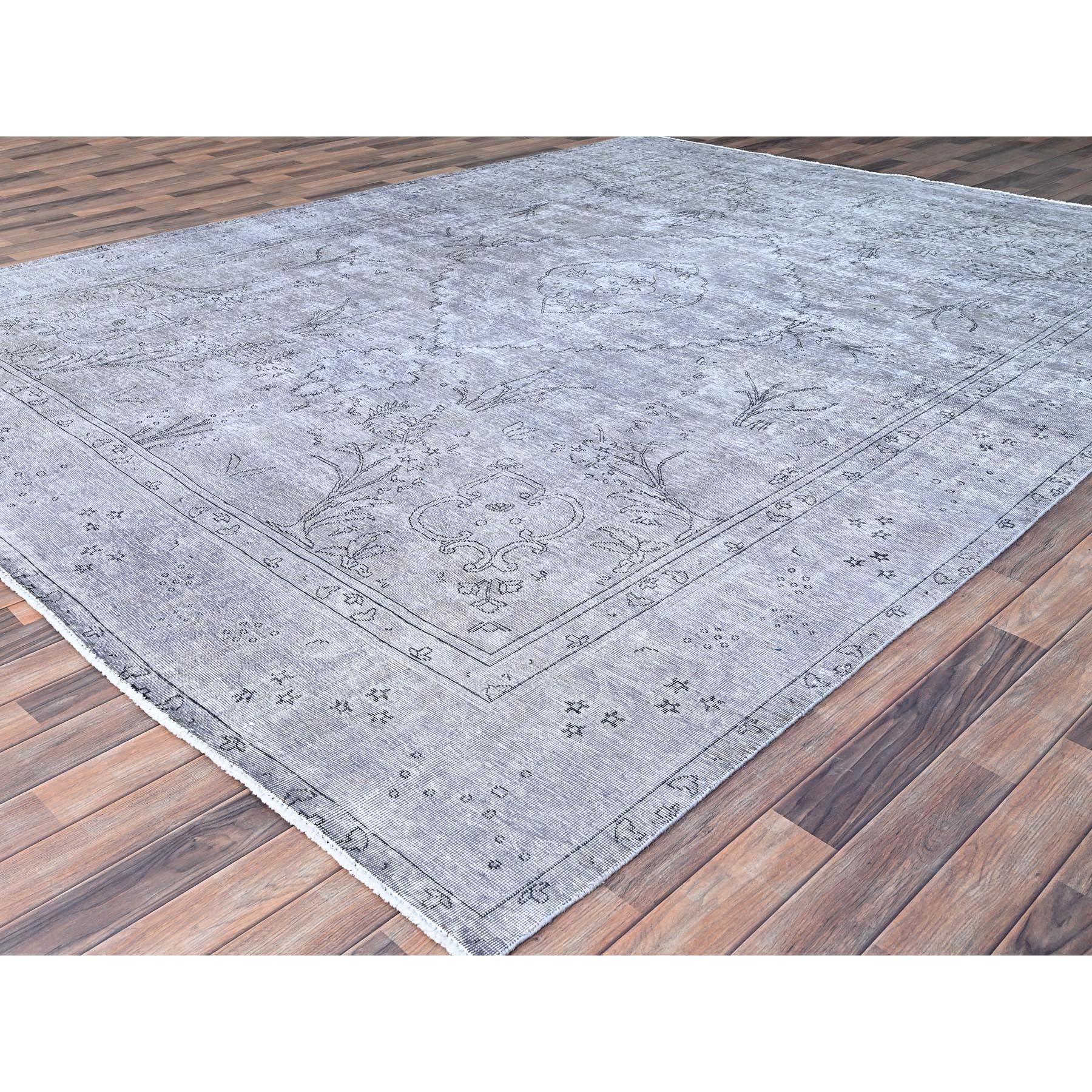 9'6"x12'4" Silver Sconce Gray, Hand Knotted Distressed Vintage Persian Tabriz, Silver Wash Great Condition, Sheared Low, Sides and Ends Secured, Professionally Cleaned, All Wool Evenly Worn, Oriental Rug Sh86193