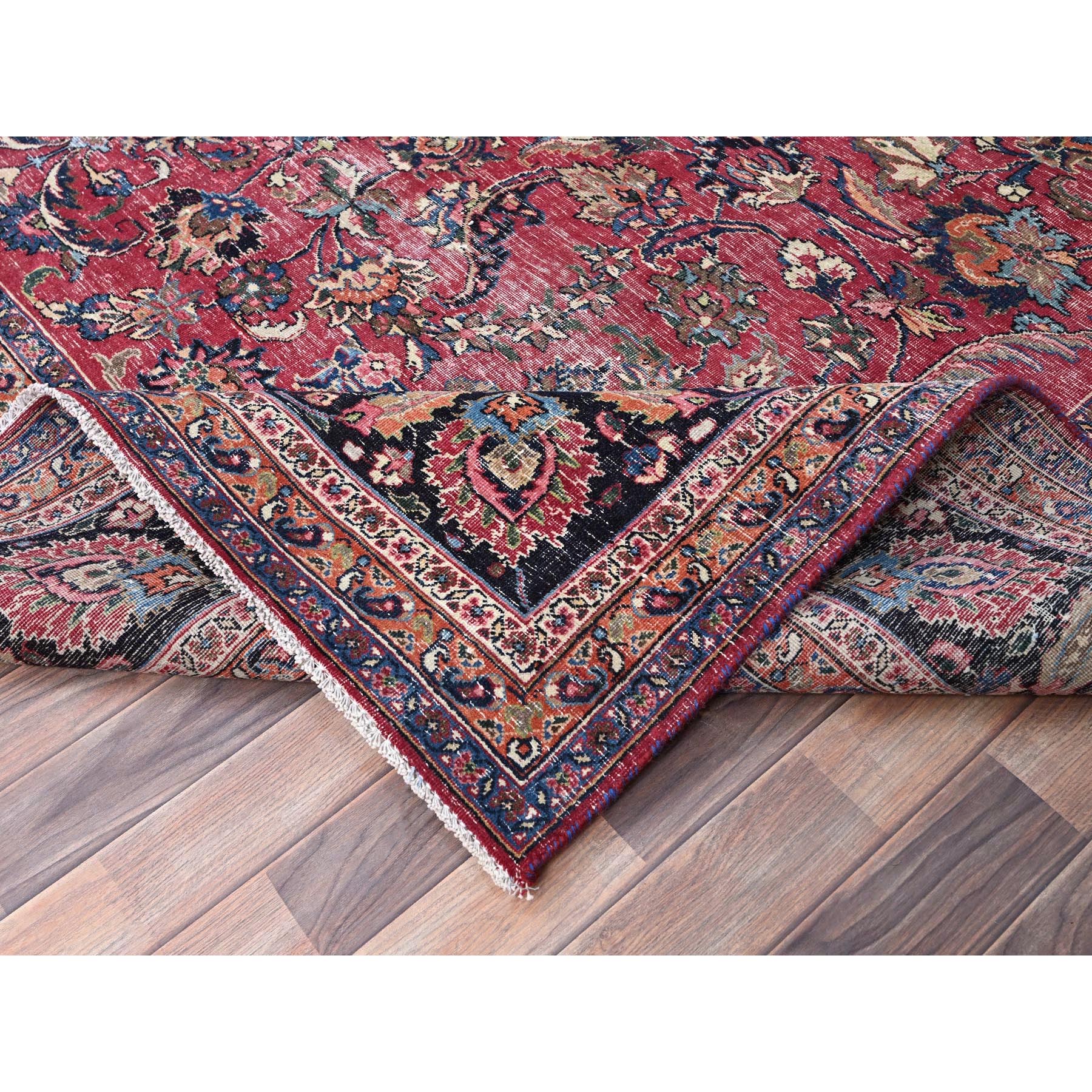 10'x12'7" Barbados Cherry Red, Vintage Persian Mashad, Hand Knotted 100% Wool, Sheared Low and Cropped Thin, Distressed Look, Good Condition, Cleaned, Sides and Ends Professionally Secured, Worn Oriental Rug Sh86195