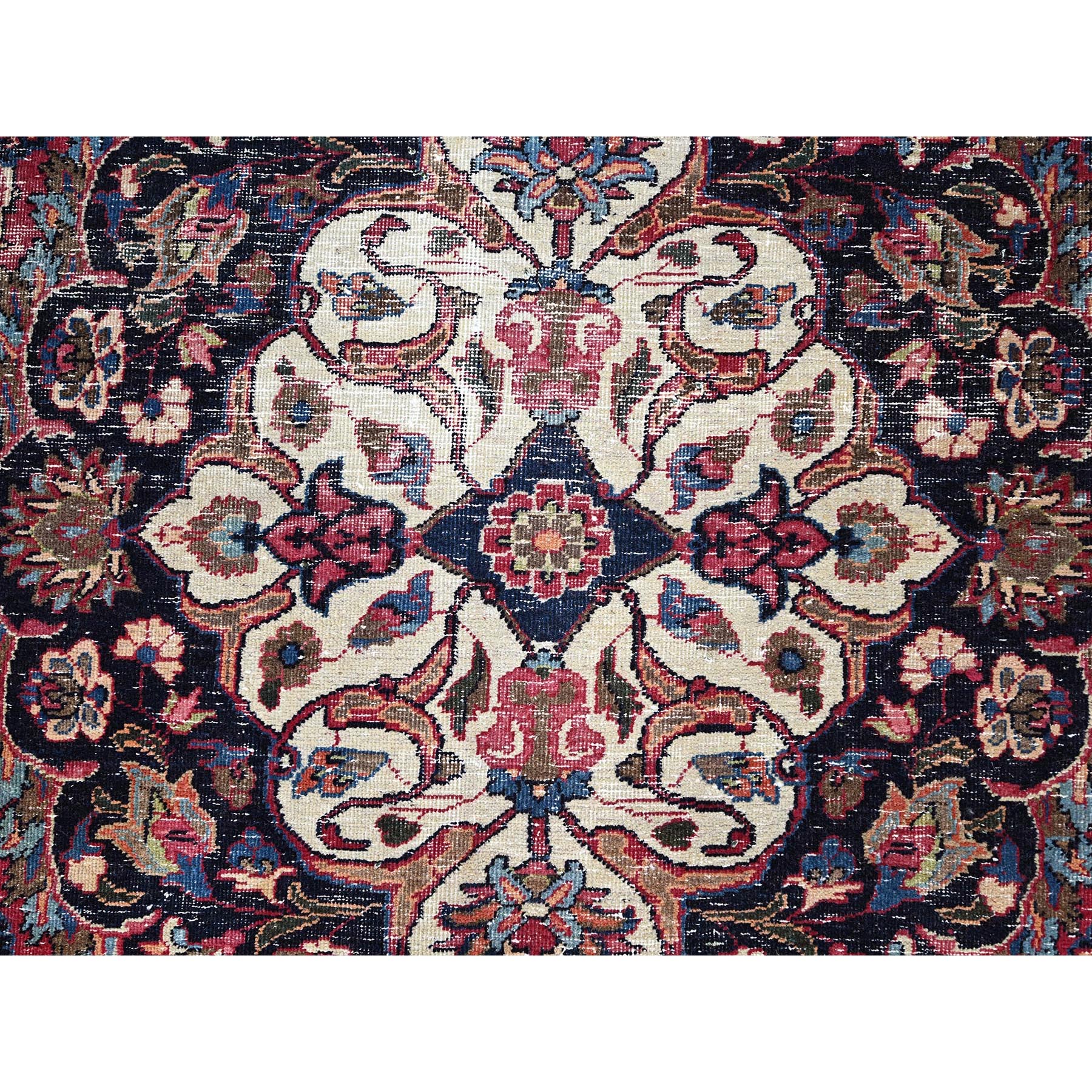 10'x12'7" Barbados Cherry Red, Vintage Persian Mashad, Hand Knotted 100% Wool, Sheared Low and Cropped Thin, Distressed Look, Good Condition, Cleaned, Sides and Ends Professionally Secured, Worn Oriental Rug Sh86195