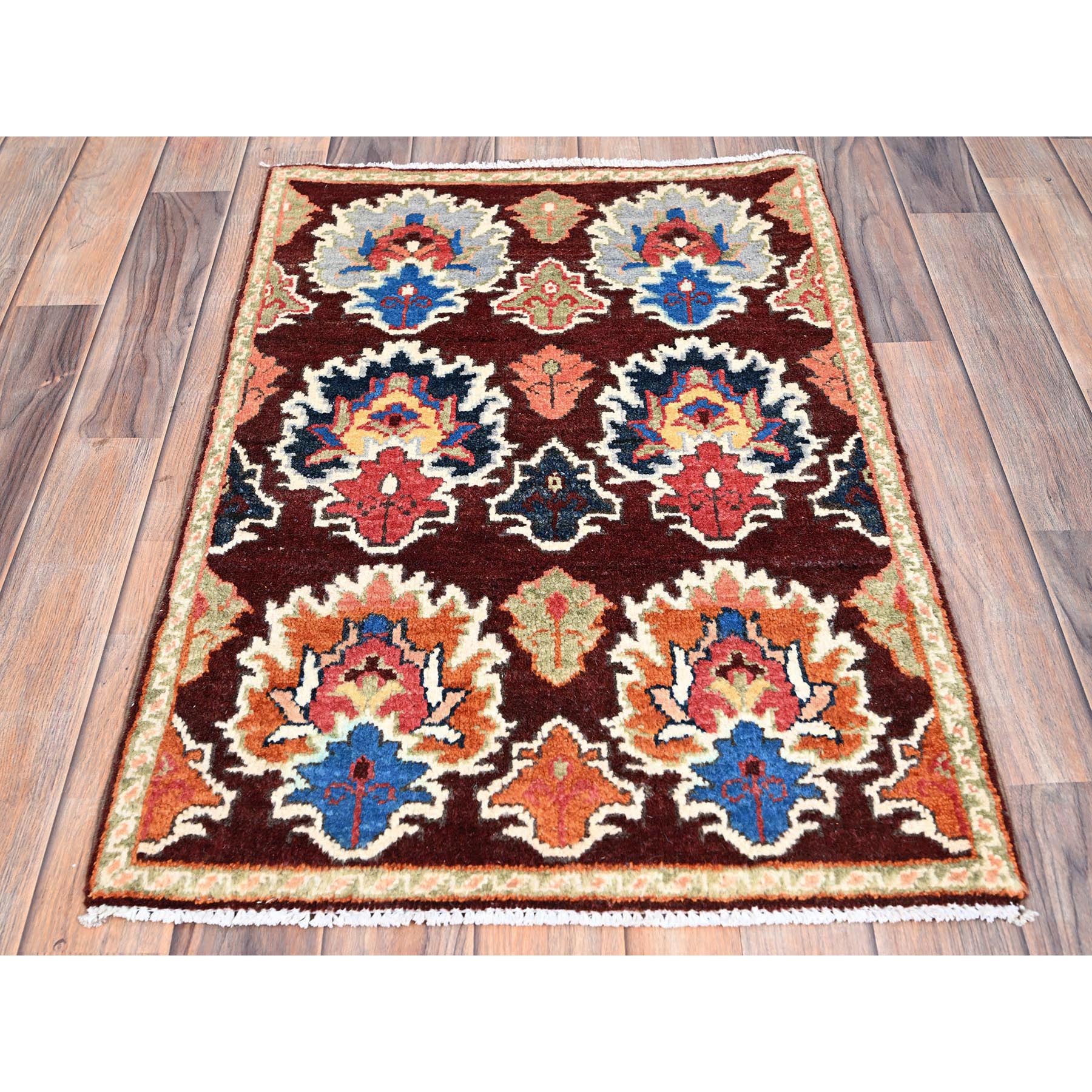 2'x3' Coffee Brown, Hand Knotted Special Kazak with Geometric Design, Natural Dyes, 100% Wool, Oriental, Mat Rug Sh86225