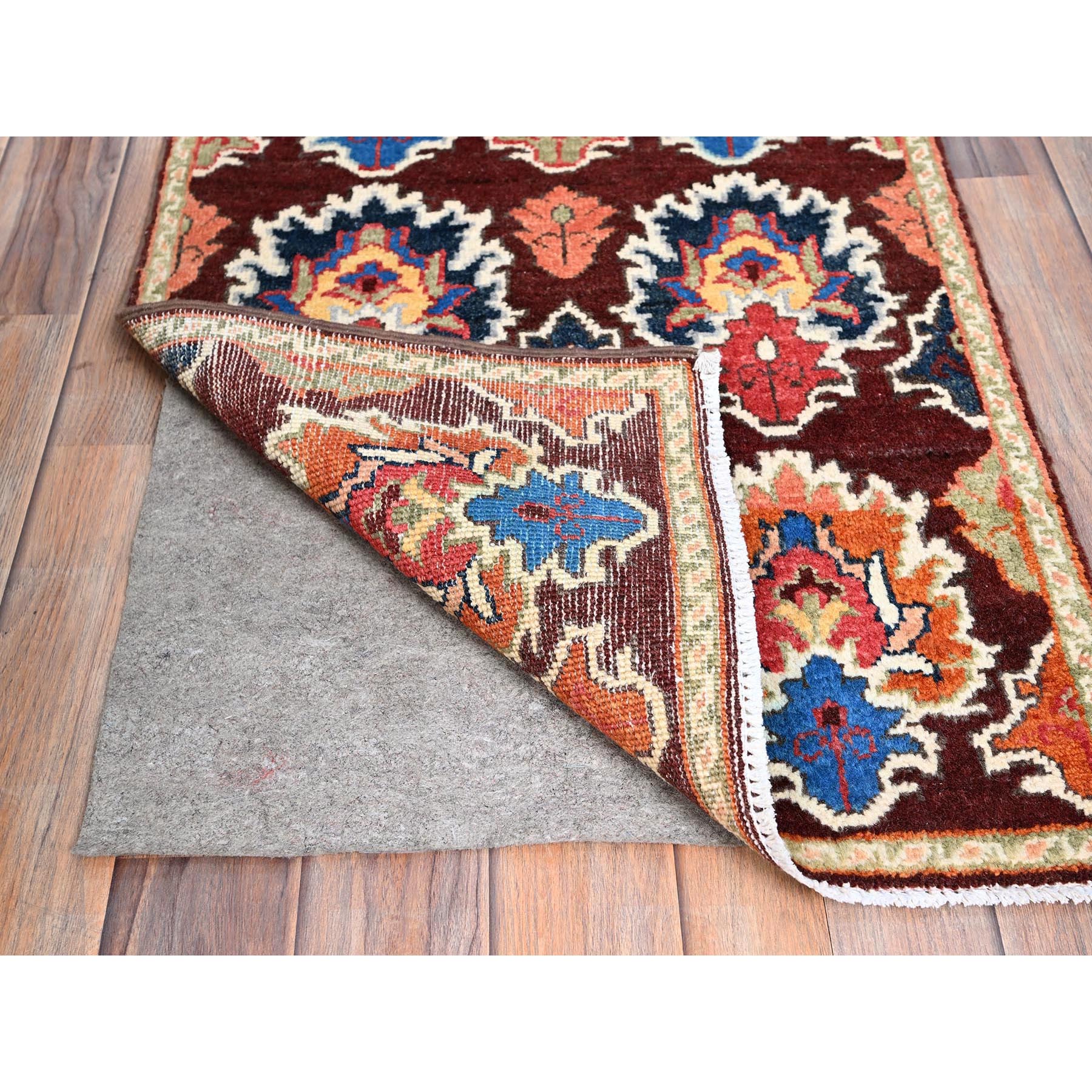 2'x3' Coffee Brown, Hand Knotted Special Kazak with Geometric Design, Natural Dyes, 100% Wool, Oriental, Mat Rug Sh86225