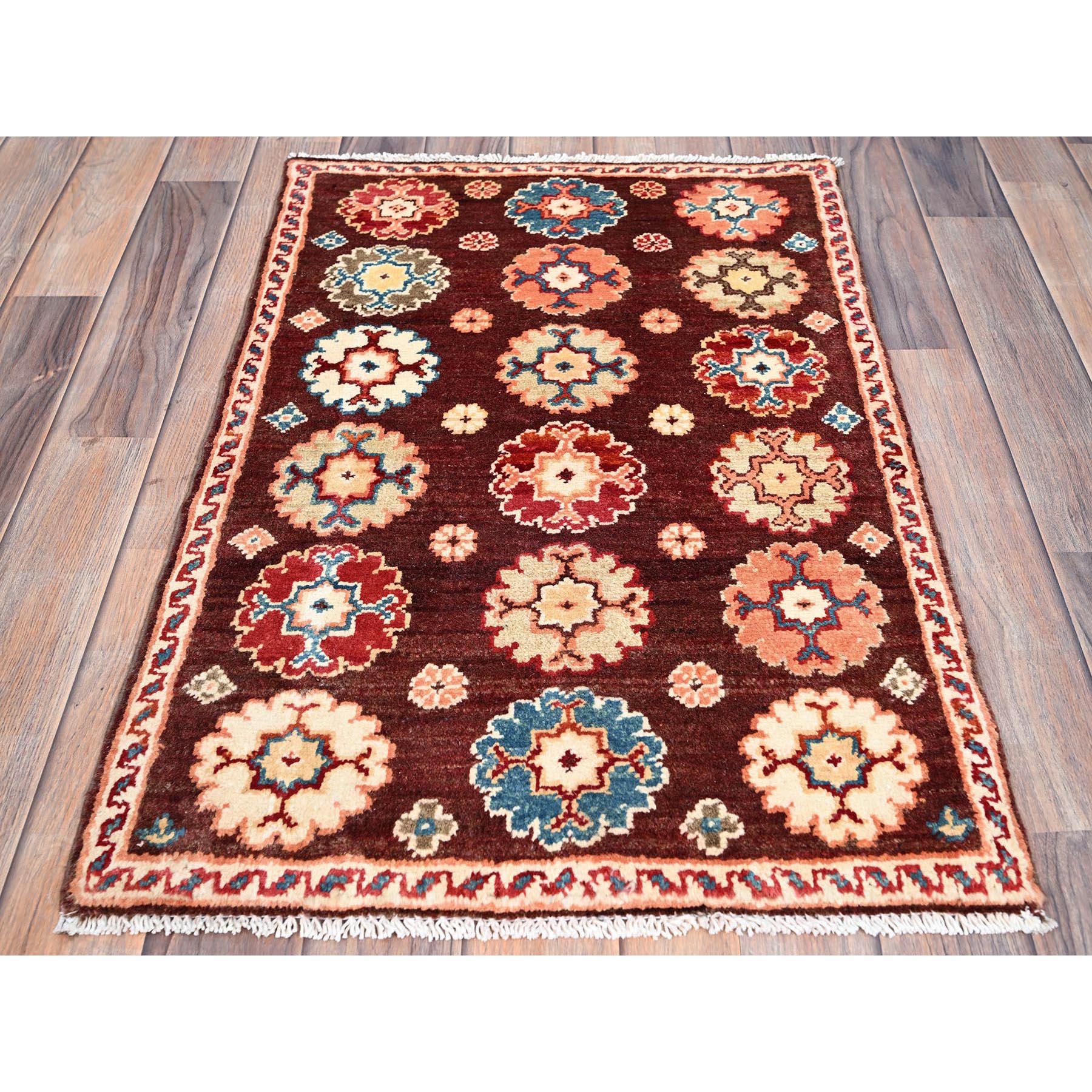 2'x2'10" Cordovan Brown, Special Kazak with Colorful Floral Motifs, Natural Dyes, Vibrant Wool, Hand Knotted, Mat Oriental Rug Sh86241