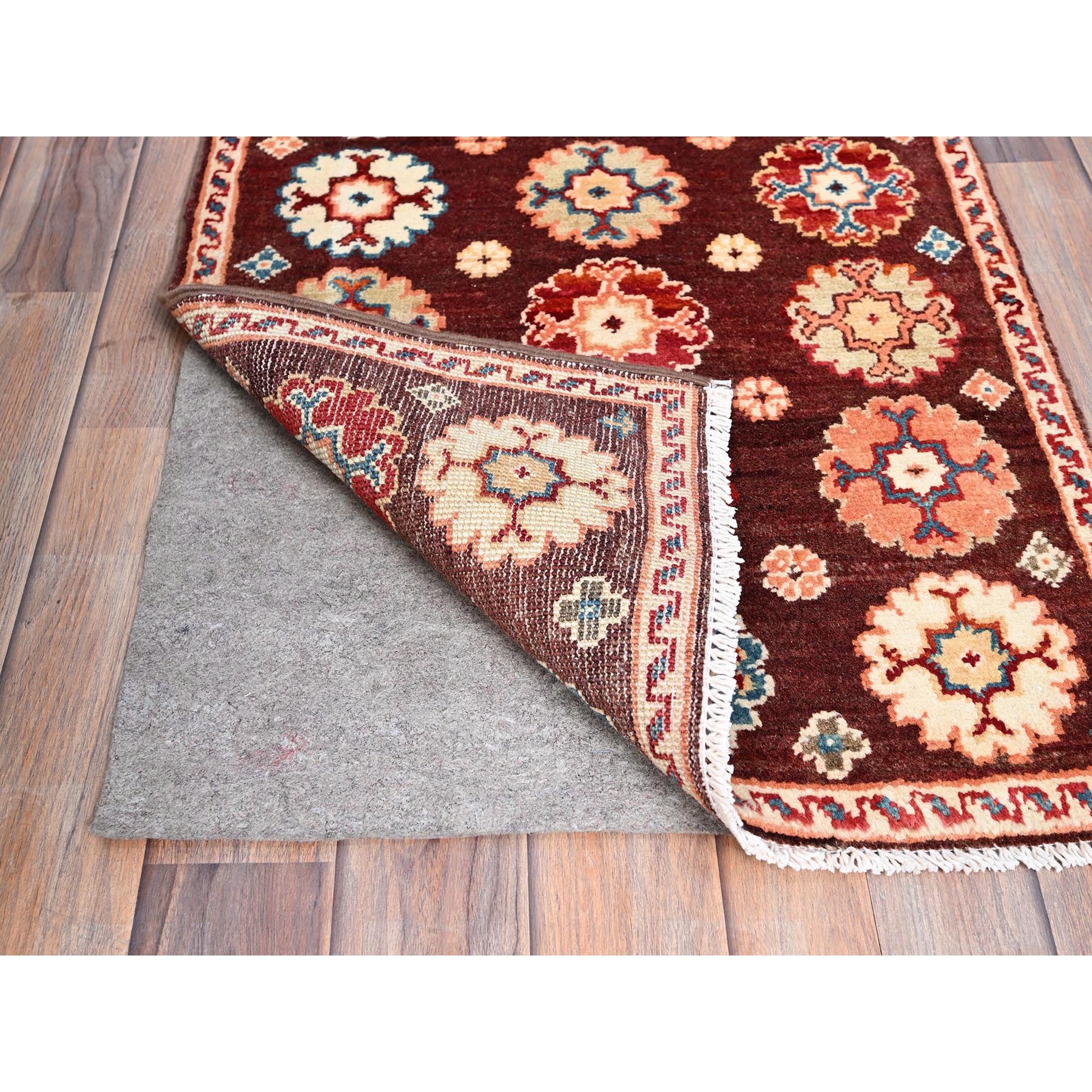 2'x2'10" Cordovan Brown, Special Kazak with Colorful Floral Motifs, Natural Dyes, Vibrant Wool, Hand Knotted, Mat Oriental Rug Sh86241