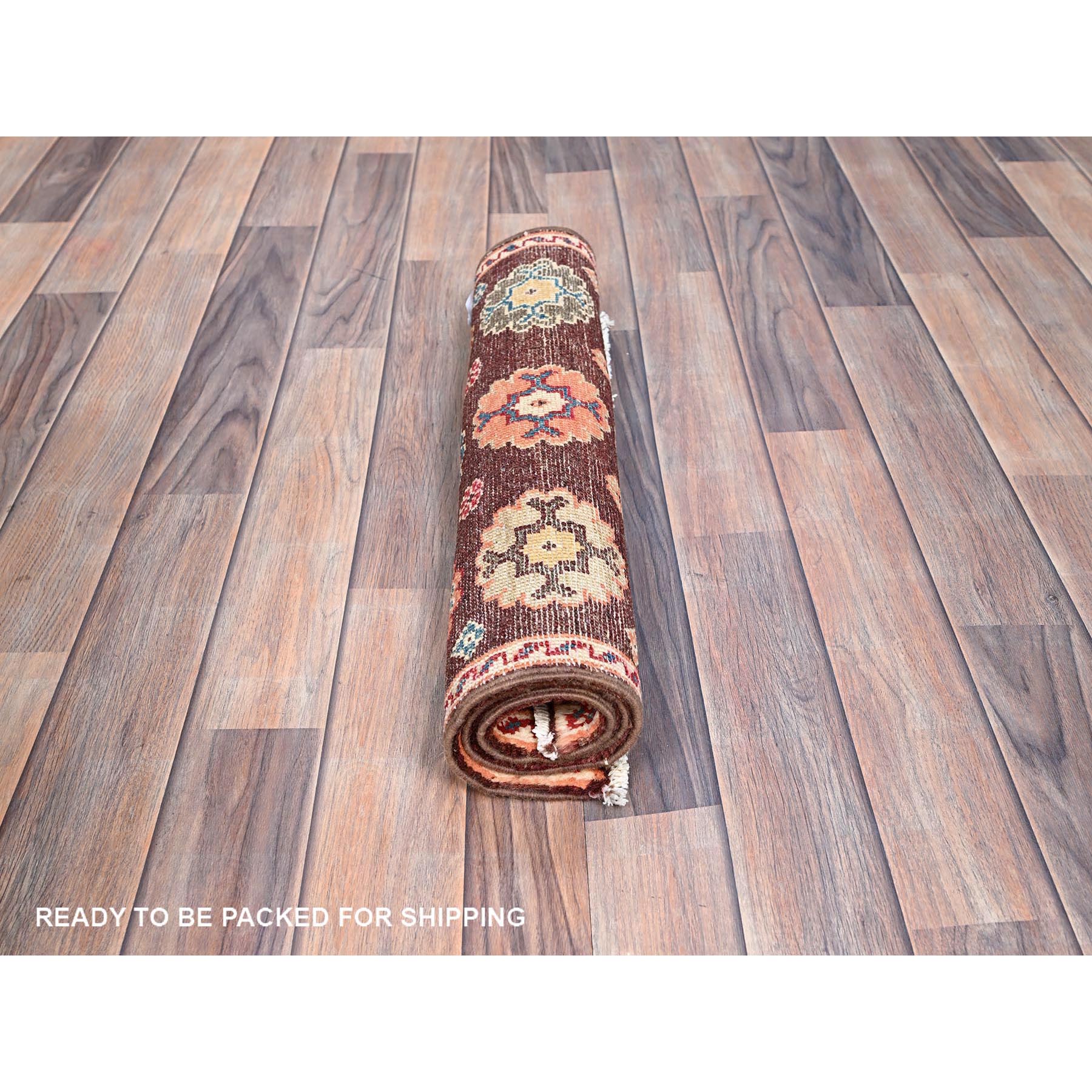 2'x2'10" Cordovan Brown, Special Kazak with Colorful Floral Motifs, Natural Dyes, Vibrant Wool, Hand Knotted, Mat Oriental Rug Sh86241
