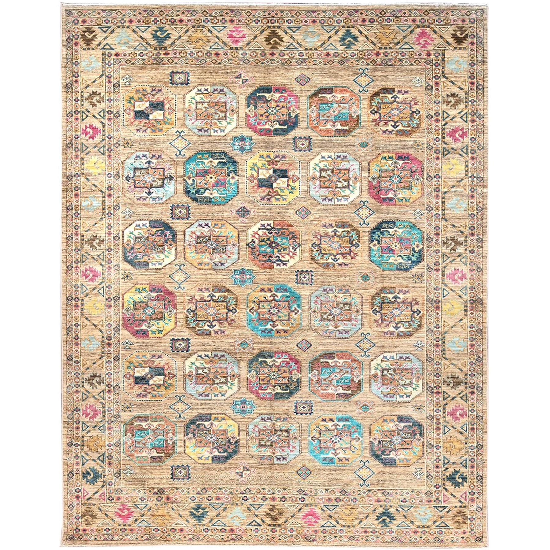 8'x10' Firewood Brown, Soft and Velvet Wool, Super Kazak, Afghan Ersari with Colorful Elephant Feet Design, Hand Knotted Dense Weave, Natural Dyes, Oriental Rug Sh86274