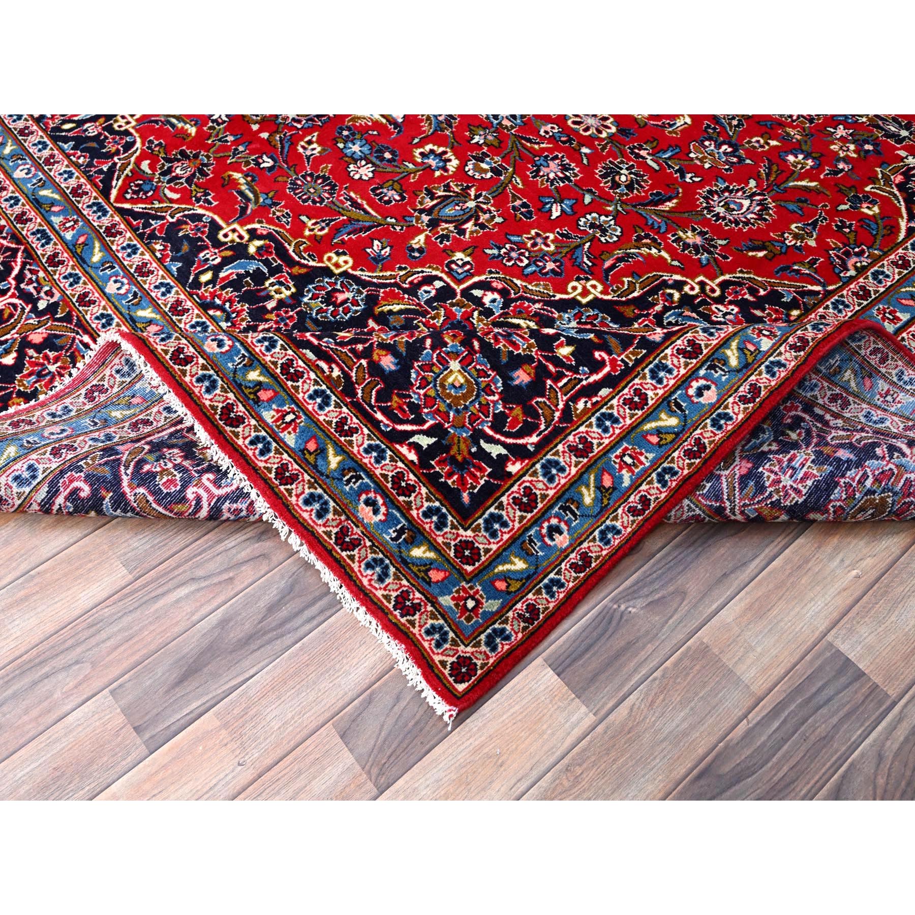 9'6"x12'10" Lychee Red, Worn Hand Knotted, Vintage Persian Kashan, Vegetable Dyes, Dense Weave, Organic Wool Full Pile, Clean and Soft Oriental Rug Sh86426