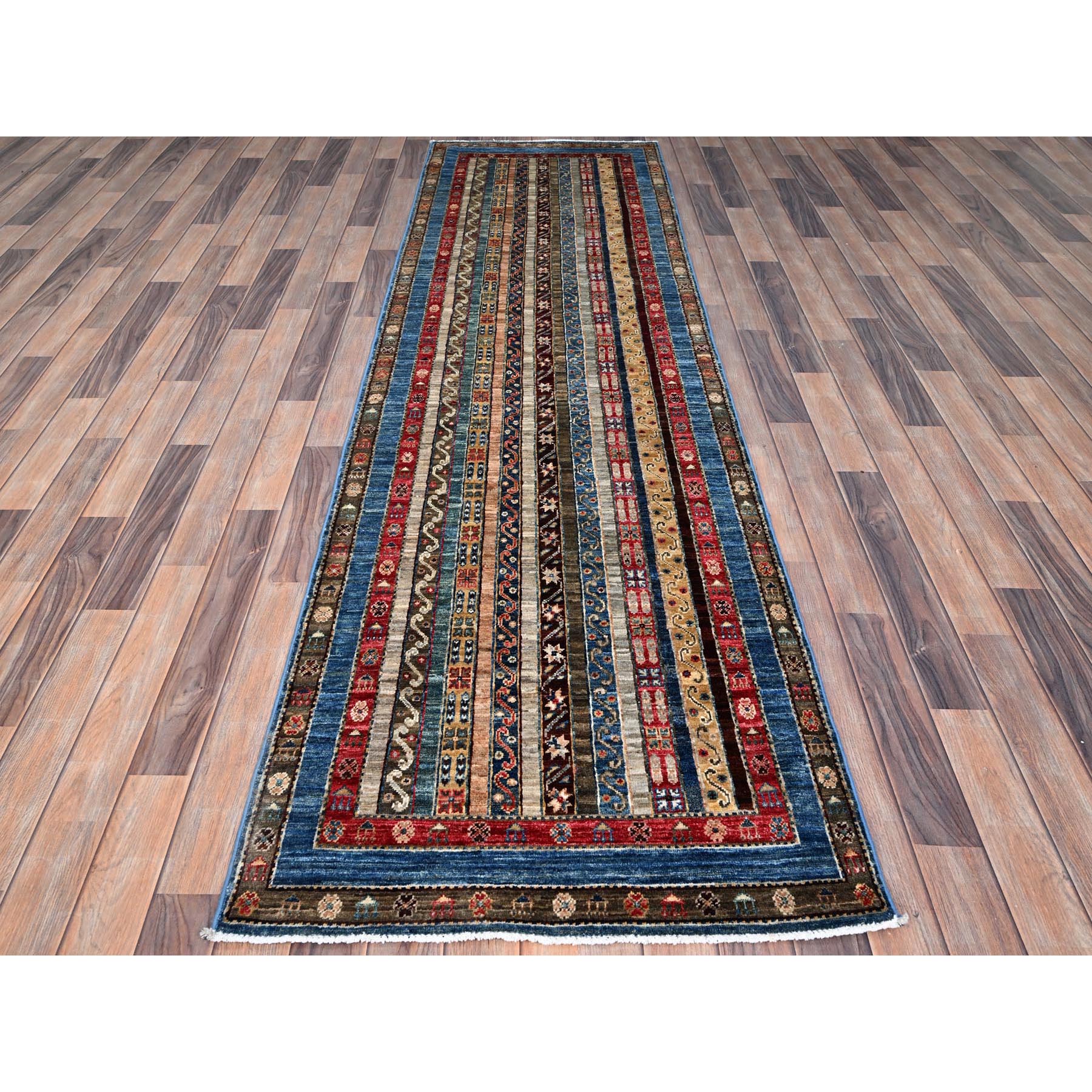 2'10"x9'9" Frosted Almond Ivory, Colorful Dense Weave Pure Wool, Afghan Super Kazak with Shawl Design, Hand Knotted Vegetable Dyes Runner Oriental Rug Sh86486