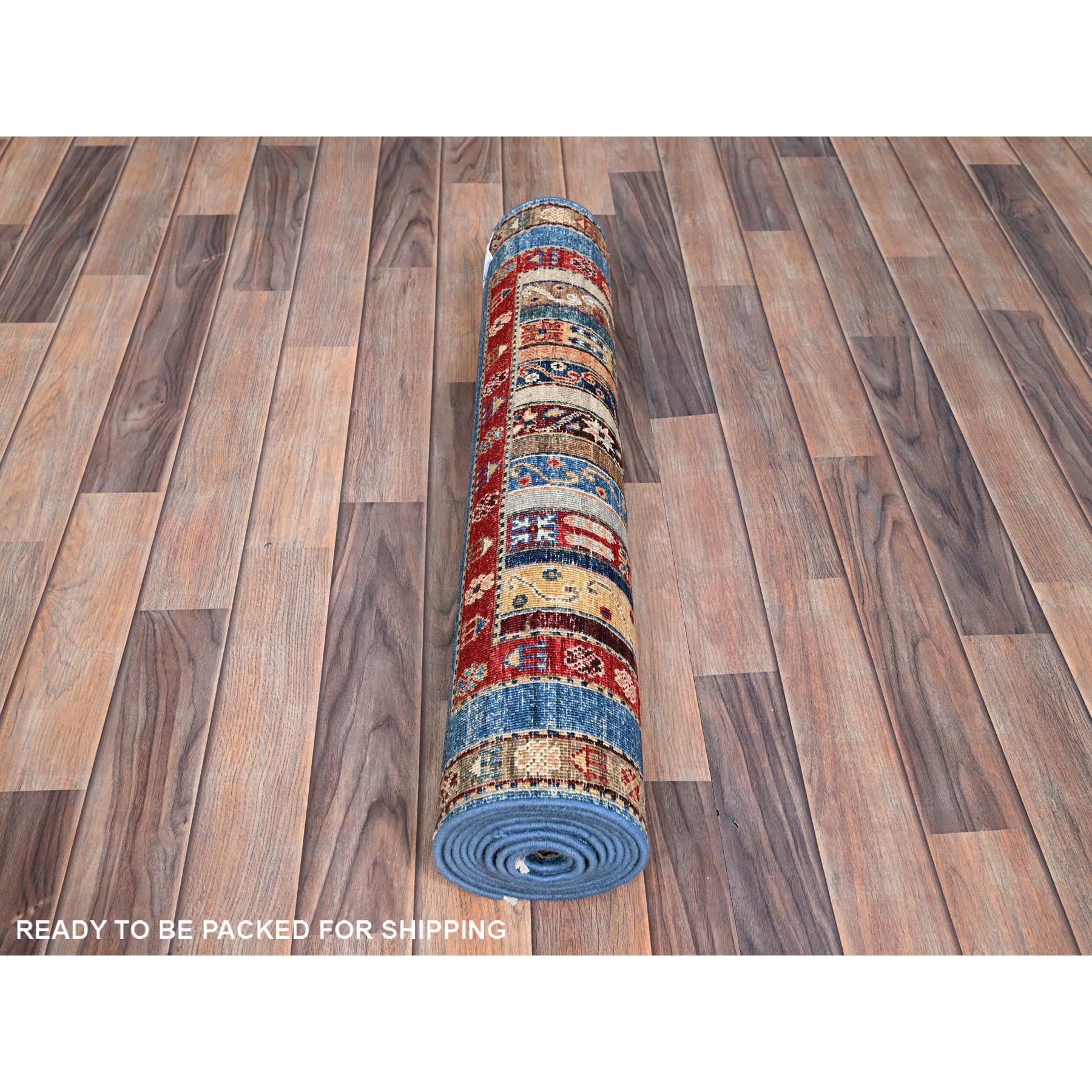 2'10"x9'9" Frosted Almond Ivory, Colorful Dense Weave Pure Wool, Afghan Super Kazak with Shawl Design, Hand Knotted Vegetable Dyes Runner Oriental Rug Sh86486