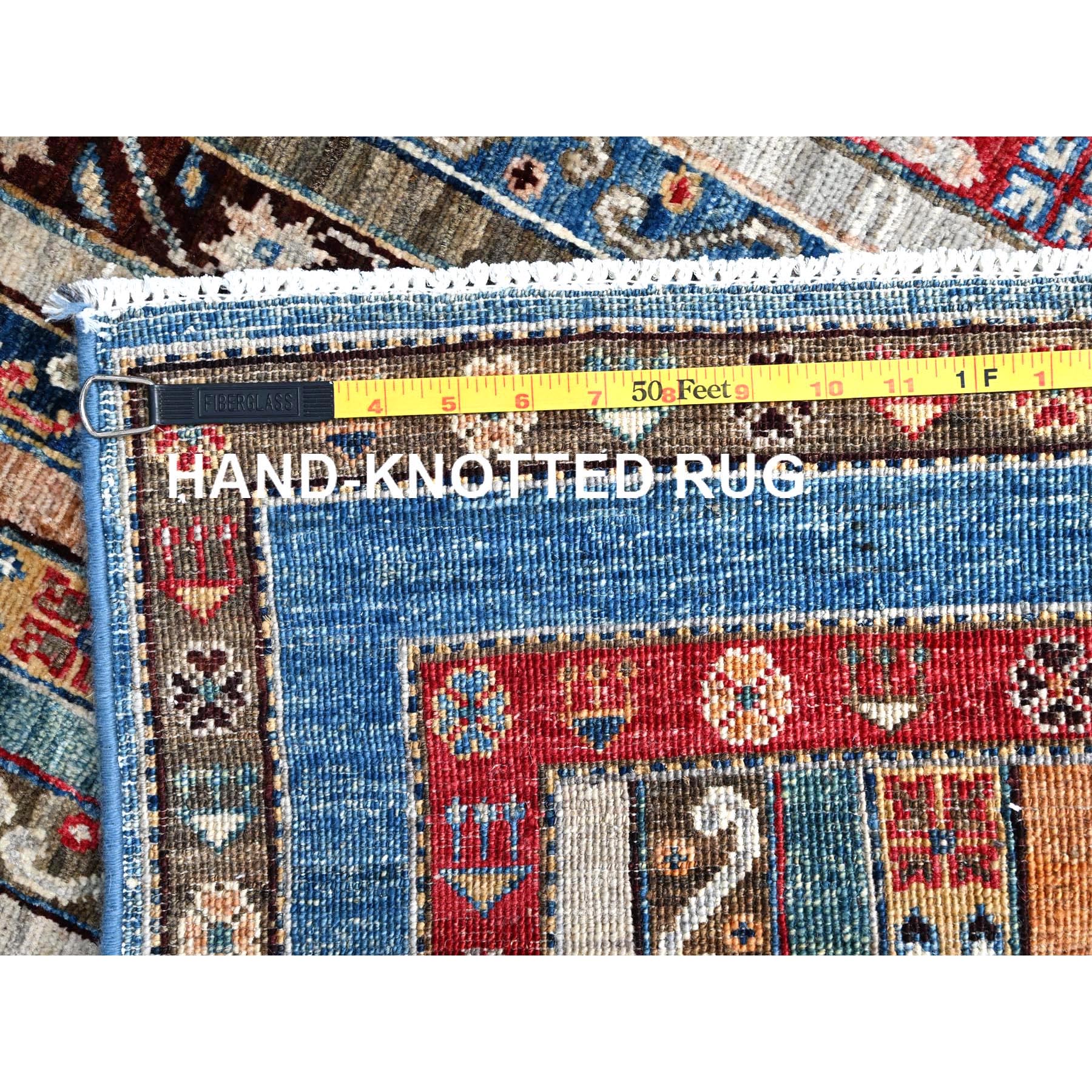 2'10"x9'9" Frosted Almond Ivory, Colorful Dense Weave Pure Wool, Afghan Super Kazak with Shawl Design, Hand Knotted Vegetable Dyes Runner Oriental Rug Sh86486