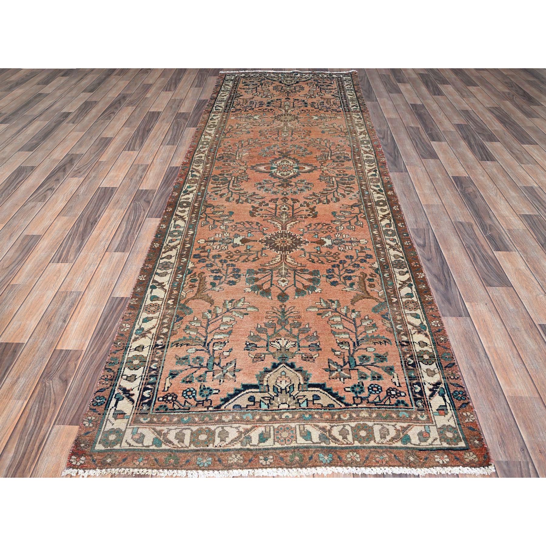 3'5"x10'2" Light Red Ochre, Floral Design All Over, Vintage Persian Lilahan, Sheared Low, Abrash, Evenly Worn, Organic Wool, Hand Knotted and Mint Condition, Sides and Ends Secured, Oriental Runner Rug Sh86642