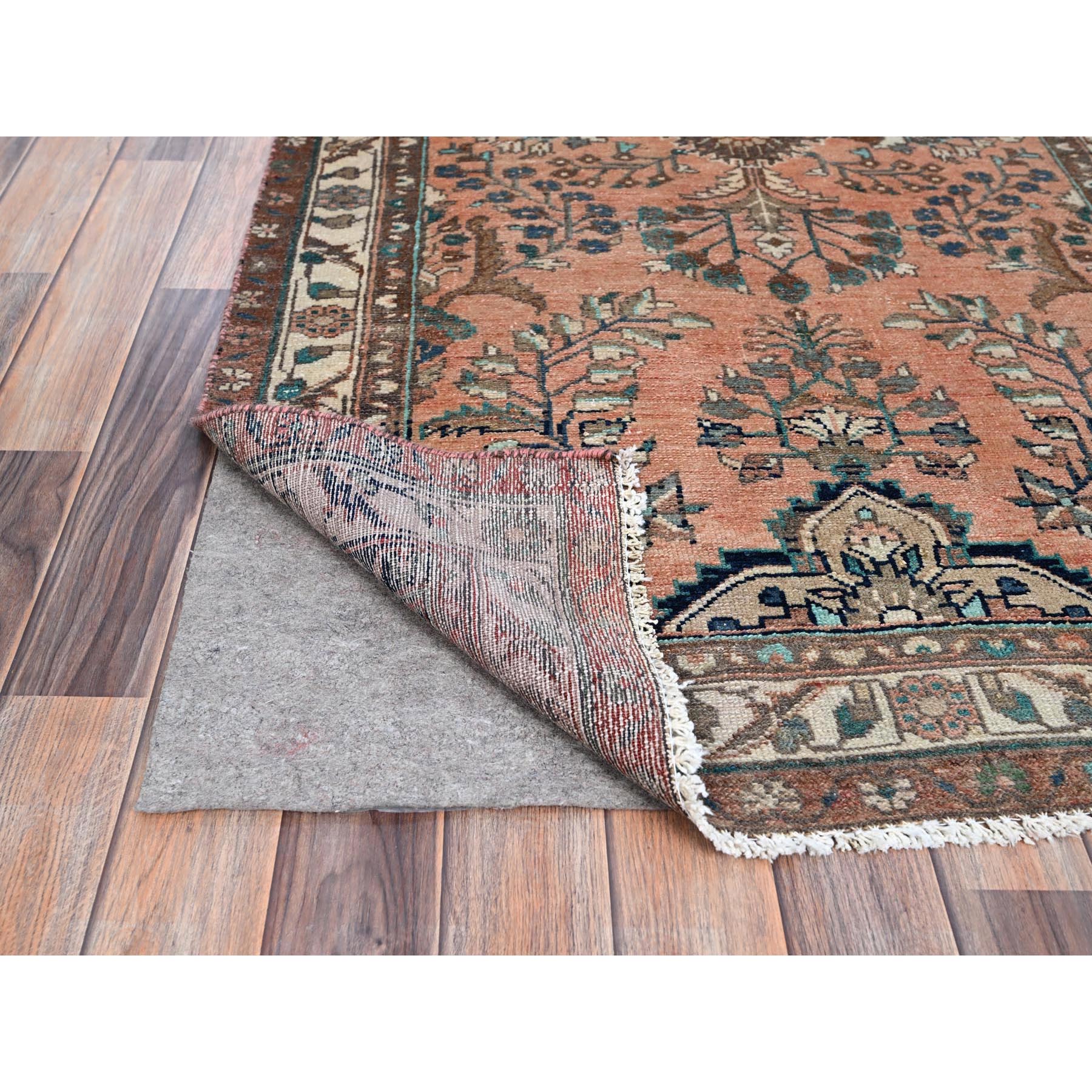 3'5"x10'2" Light Red Ochre, Floral Design All Over, Vintage Persian Lilahan, Sheared Low, Abrash, Evenly Worn, Organic Wool, Hand Knotted and Mint Condition, Sides and Ends Secured, Oriental Runner Rug Sh86642
