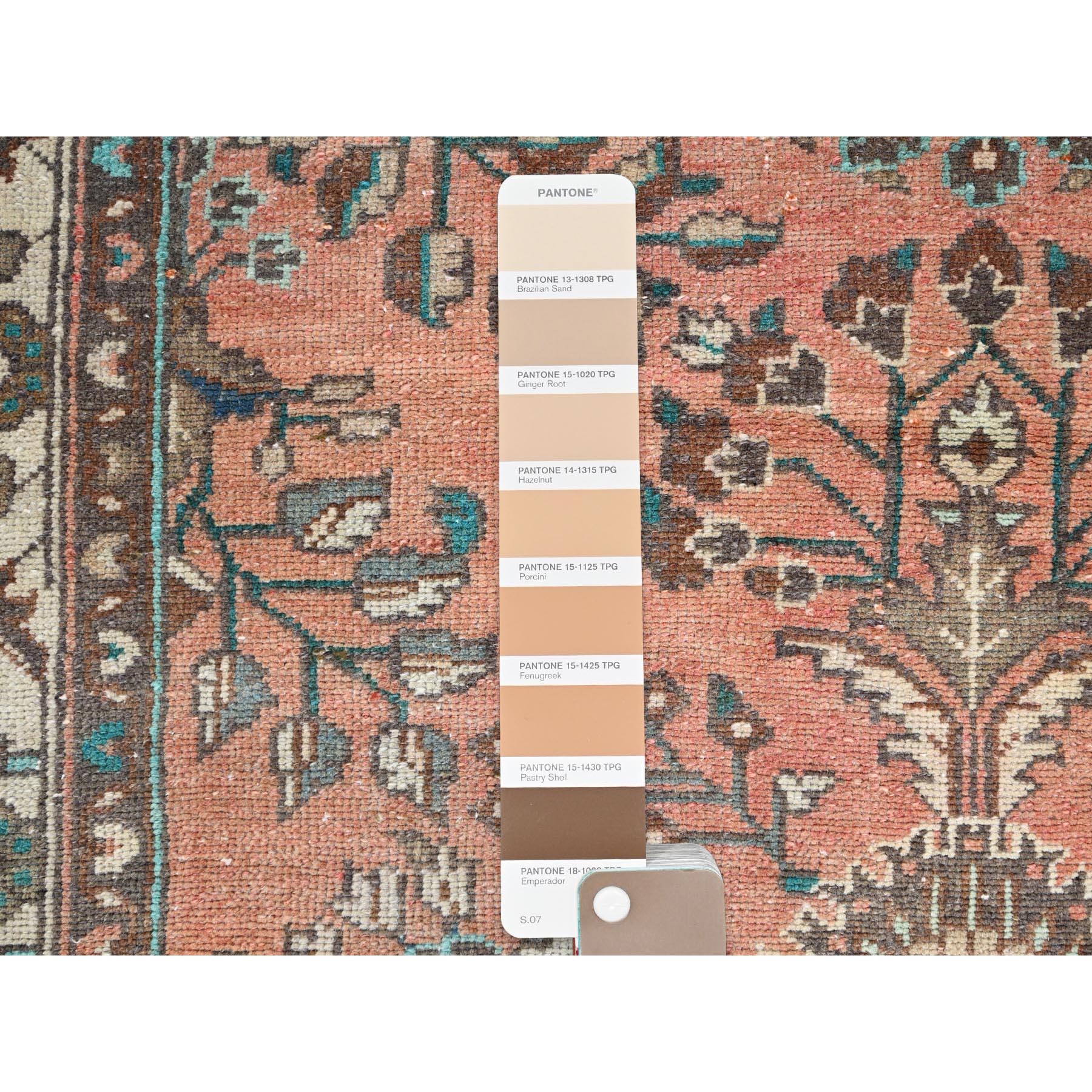 3'5"x10'2" Light Red Ochre, Floral Design All Over, Vintage Persian Lilahan, Sheared Low, Abrash, Evenly Worn, Organic Wool, Hand Knotted and Mint Condition, Sides and Ends Secured, Oriental Runner Rug Sh86642