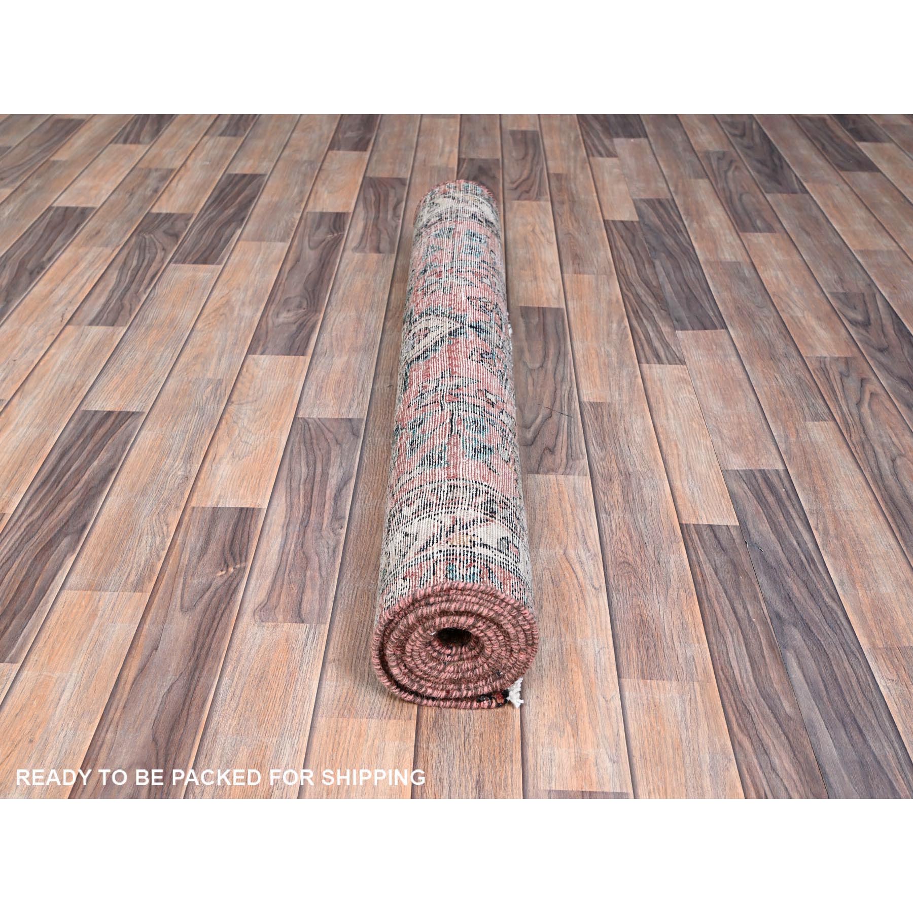 3'5"x10'2" Light Red Ochre, Floral Design All Over, Vintage Persian Lilahan, Sheared Low, Abrash, Evenly Worn, Organic Wool, Hand Knotted and Mint Condition, Sides and Ends Secured, Oriental Runner Rug Sh86642
