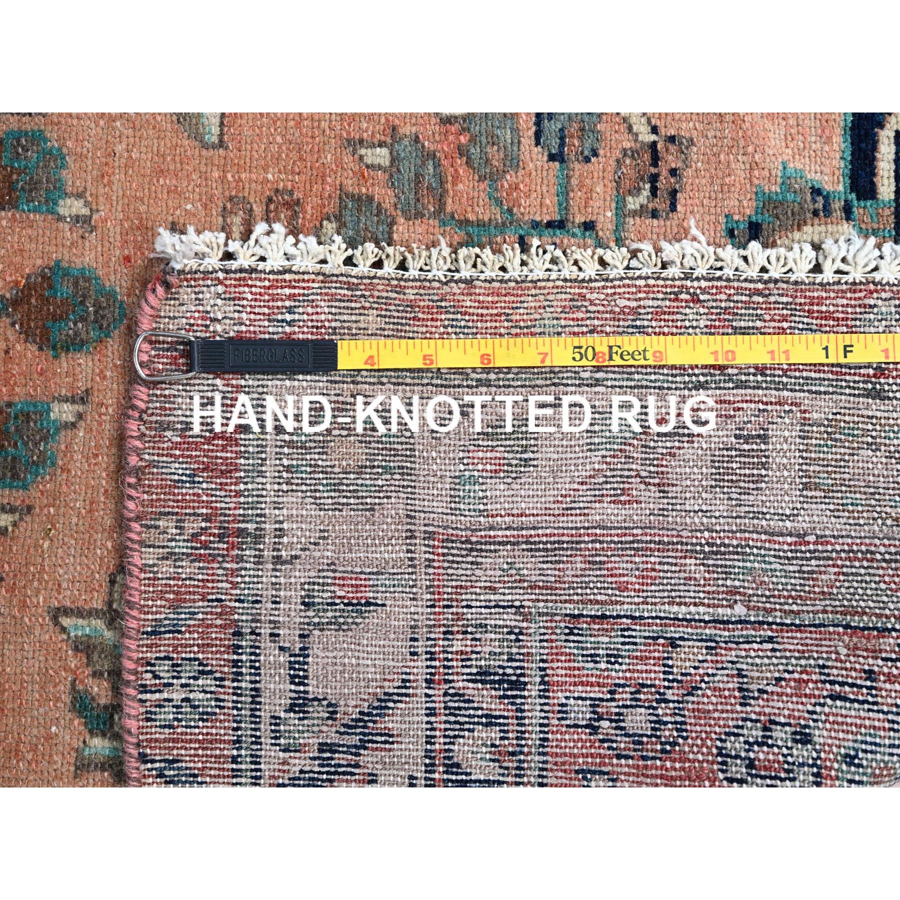 3'5"x10'2" Light Red Ochre, Floral Design All Over, Vintage Persian Lilahan, Sheared Low, Abrash, Evenly Worn, Organic Wool, Hand Knotted and Mint Condition, Sides and Ends Secured, Oriental Runner Rug Sh86642