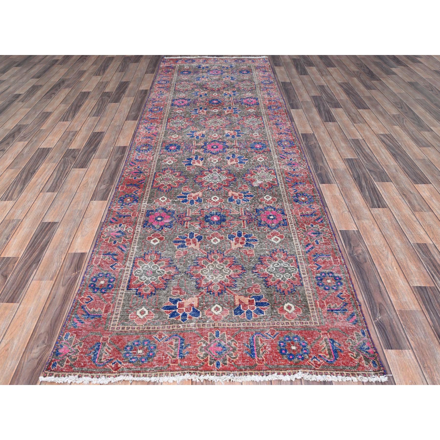 3'6"x11' Stamped Concrete Gray, Pure Wool, Worn and Distressed Condition with No Holes, Cropped Thin, Hand Knotted With Colorful Flower Rosette All Over Design, Sides and Ends Secured, Clean, Persian North West Village, Vintage Runner Oriental Rug Sh86648