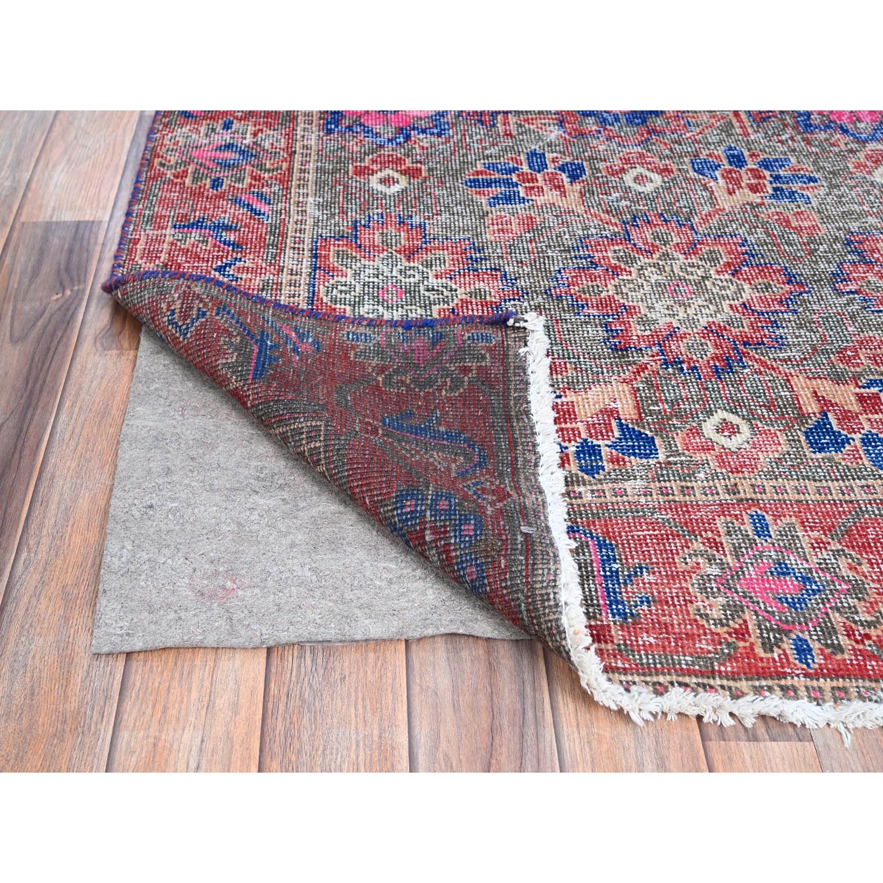 3'6"x11' Stamped Concrete Gray, Pure Wool, Worn and Distressed Condition with No Holes, Cropped Thin, Hand Knotted With Colorful Flower Rosette All Over Design, Sides and Ends Secured, Clean, Persian North West Village, Vintage Runner Oriental Rug Sh86648