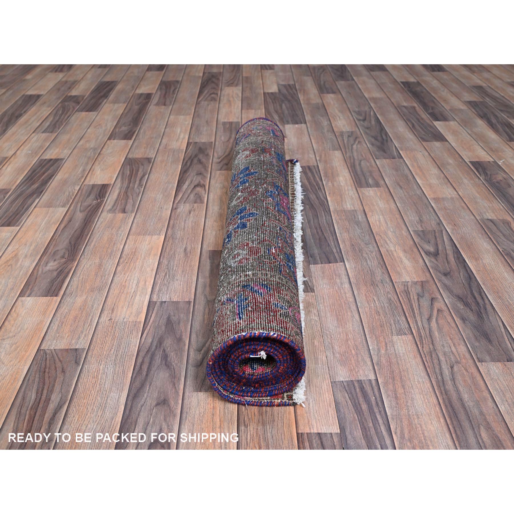 3'6"x11' Stamped Concrete Gray, Pure Wool, Worn and Distressed Condition with No Holes, Cropped Thin, Hand Knotted With Colorful Flower Rosette All Over Design, Sides and Ends Secured, Clean, Persian North West Village, Vintage Runner Oriental Rug Sh86648
