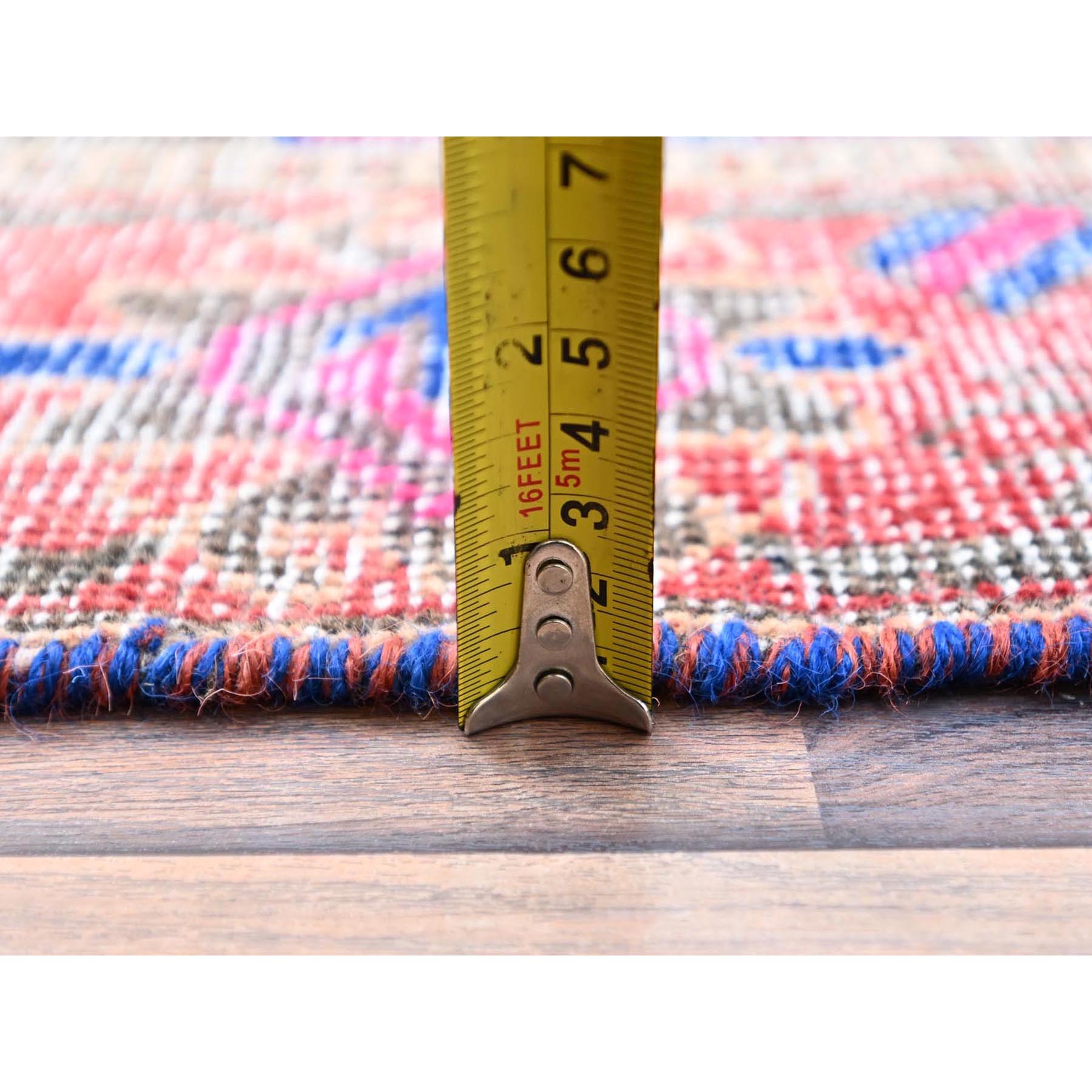 3'6"x11' Stamped Concrete Gray, Pure Wool, Worn and Distressed Condition with No Holes, Cropped Thin, Hand Knotted With Colorful Flower Rosette All Over Design, Sides and Ends Secured, Clean, Persian North West Village, Vintage Runner Oriental Rug Sh86648