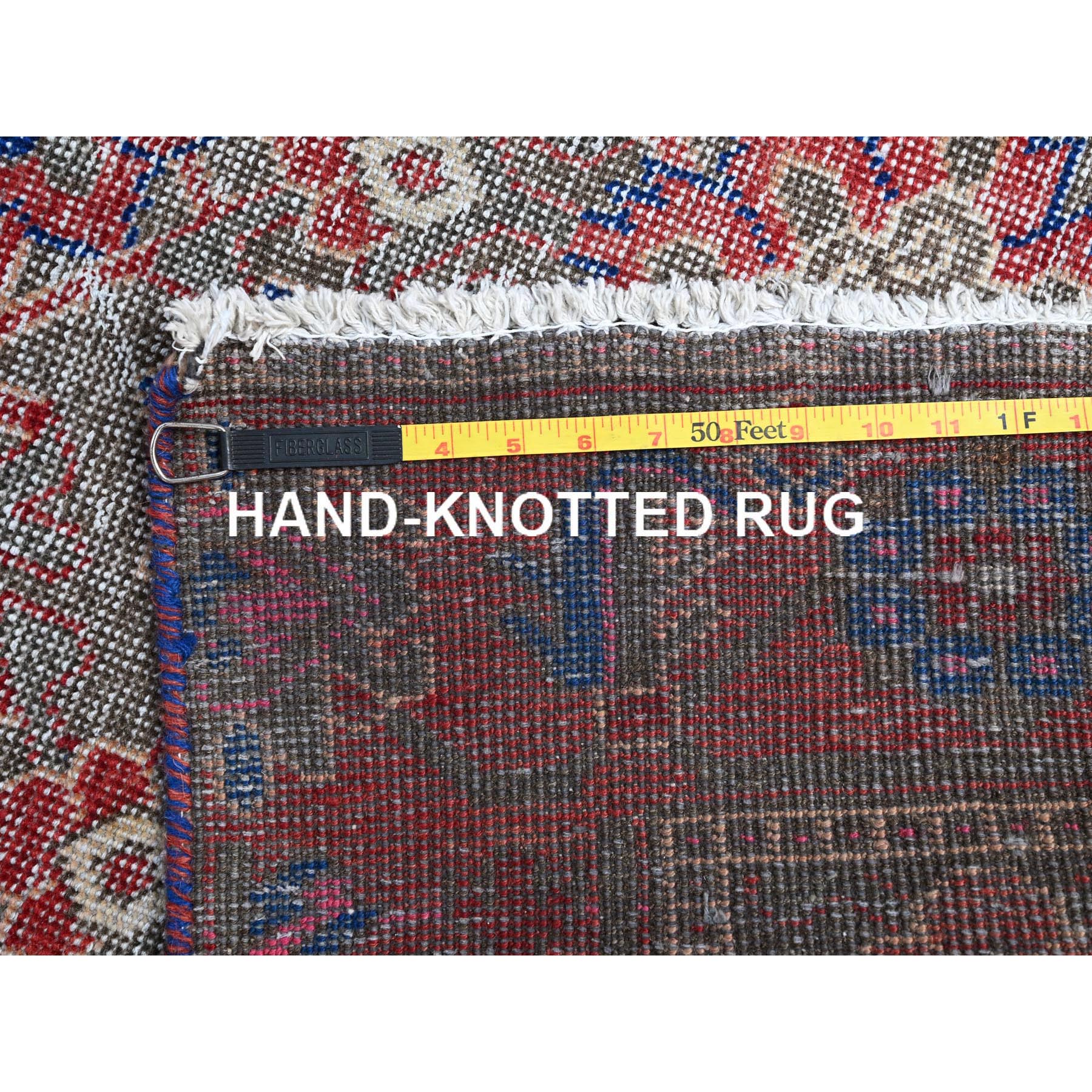 3'6"x11' Stamped Concrete Gray, Pure Wool, Worn and Distressed Condition with No Holes, Cropped Thin, Hand Knotted With Colorful Flower Rosette All Over Design, Sides and Ends Secured, Clean, Persian North West Village, Vintage Runner Oriental Rug Sh86648