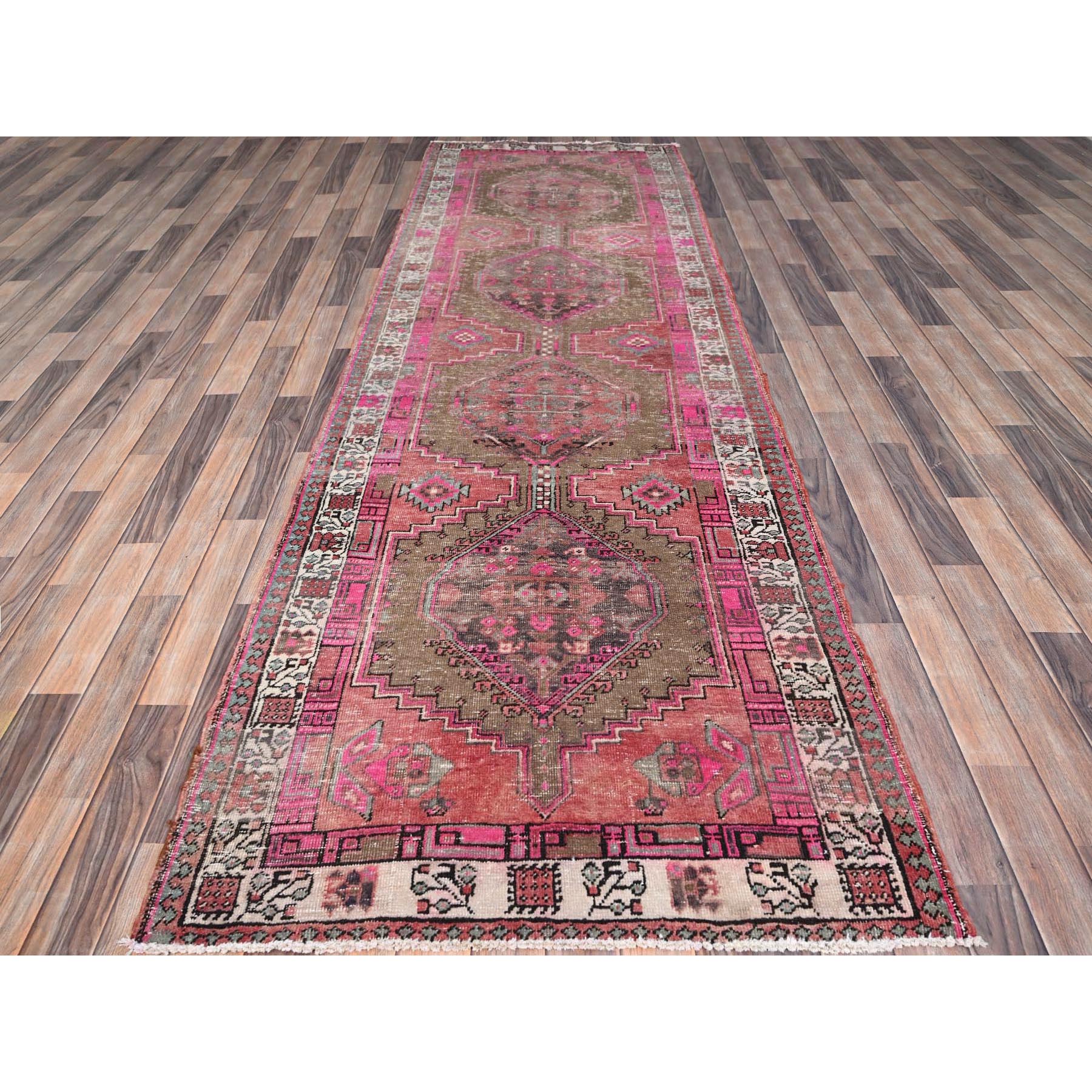 3'6"x10'9" Multicolored, Sheared Low Distressed Look, Cropped Thin, Evenly Worn, Soft Wool, Hand Knotted, Persian Heriz, Sides and Ends Professionally Secured, Antique Runner Oriental Rug Sh86664