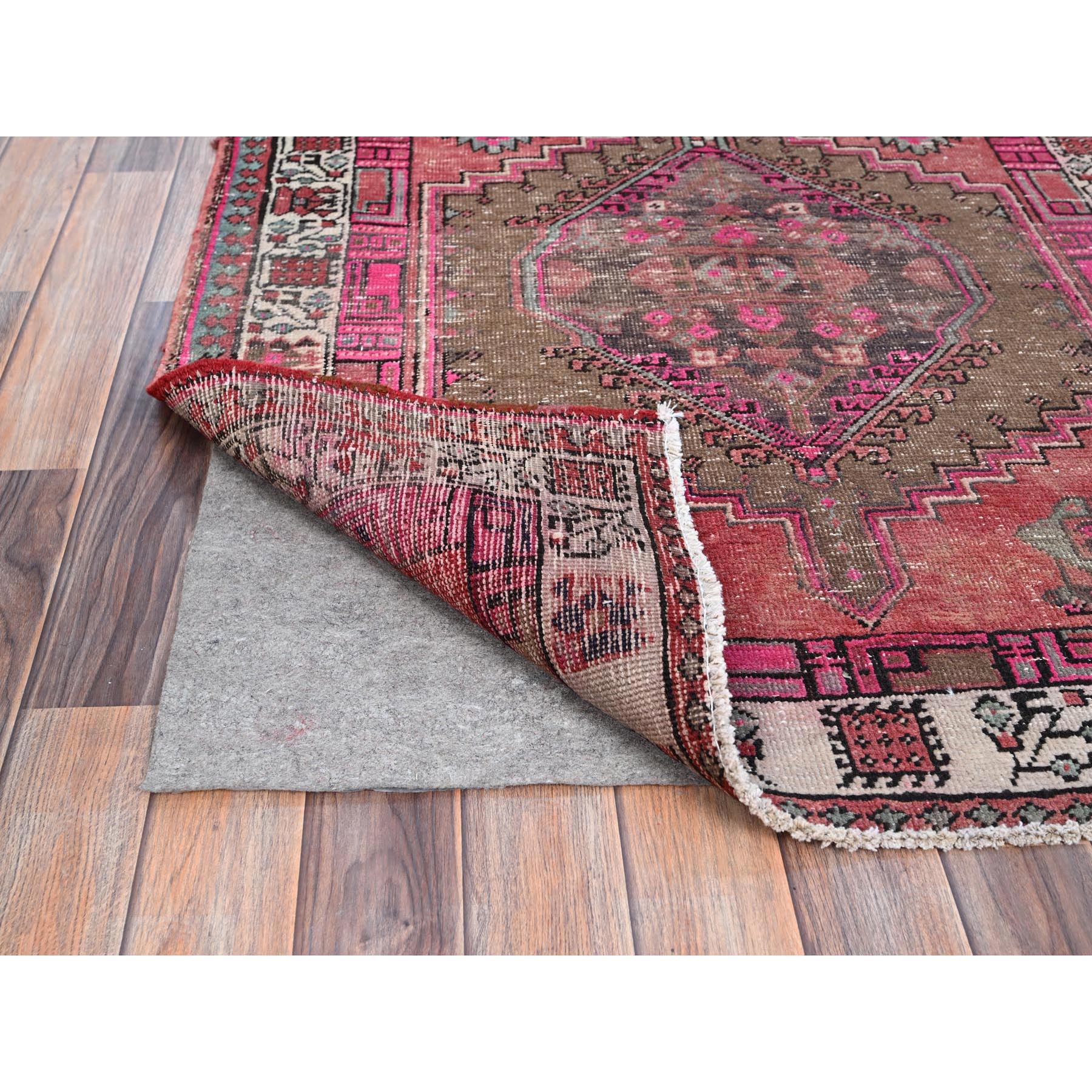 3'6"x10'9" Multicolored, Sheared Low Distressed Look, Cropped Thin, Evenly Worn, Soft Wool, Hand Knotted, Persian Heriz, Sides and Ends Professionally Secured, Antique Runner Oriental Rug Sh86664