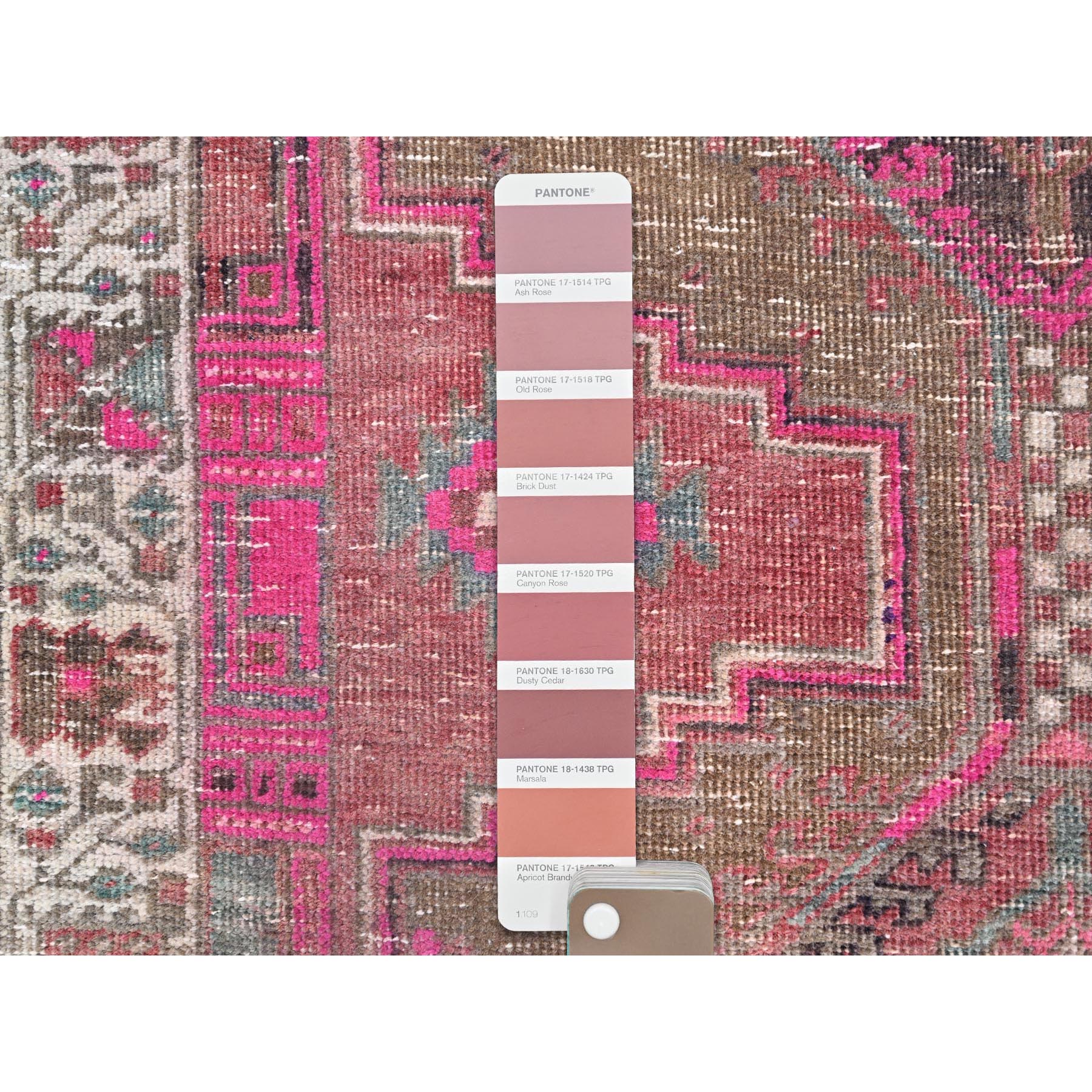 3'6"x10'9" Multicolored, Sheared Low Distressed Look, Cropped Thin, Evenly Worn, Soft Wool, Hand Knotted, Persian Heriz, Sides and Ends Professionally Secured, Antique Runner Oriental Rug Sh86664