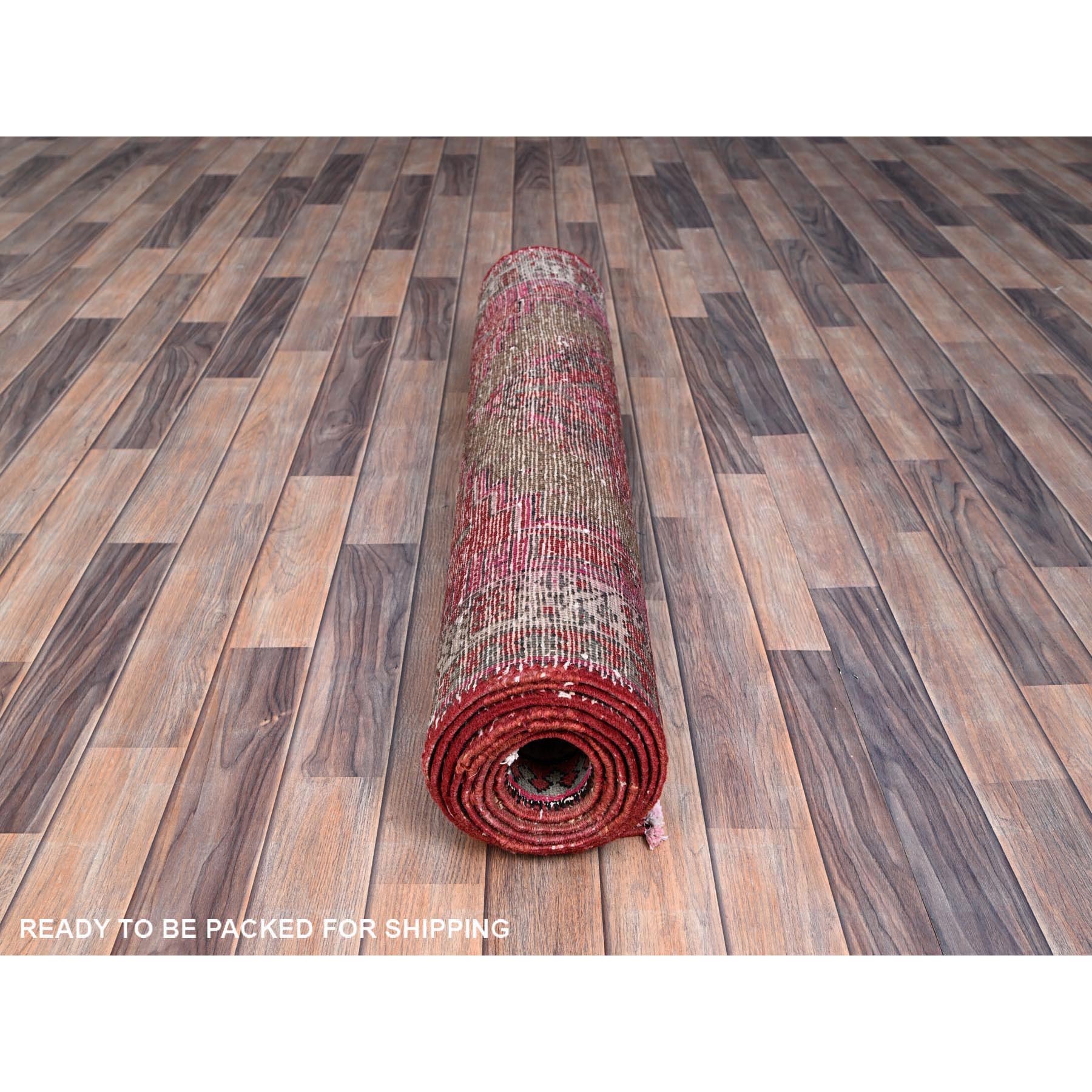 3'6"x10'9" Multicolored, Sheared Low Distressed Look, Cropped Thin, Evenly Worn, Soft Wool, Hand Knotted, Persian Heriz, Sides and Ends Professionally Secured, Antique Runner Oriental Rug Sh86664