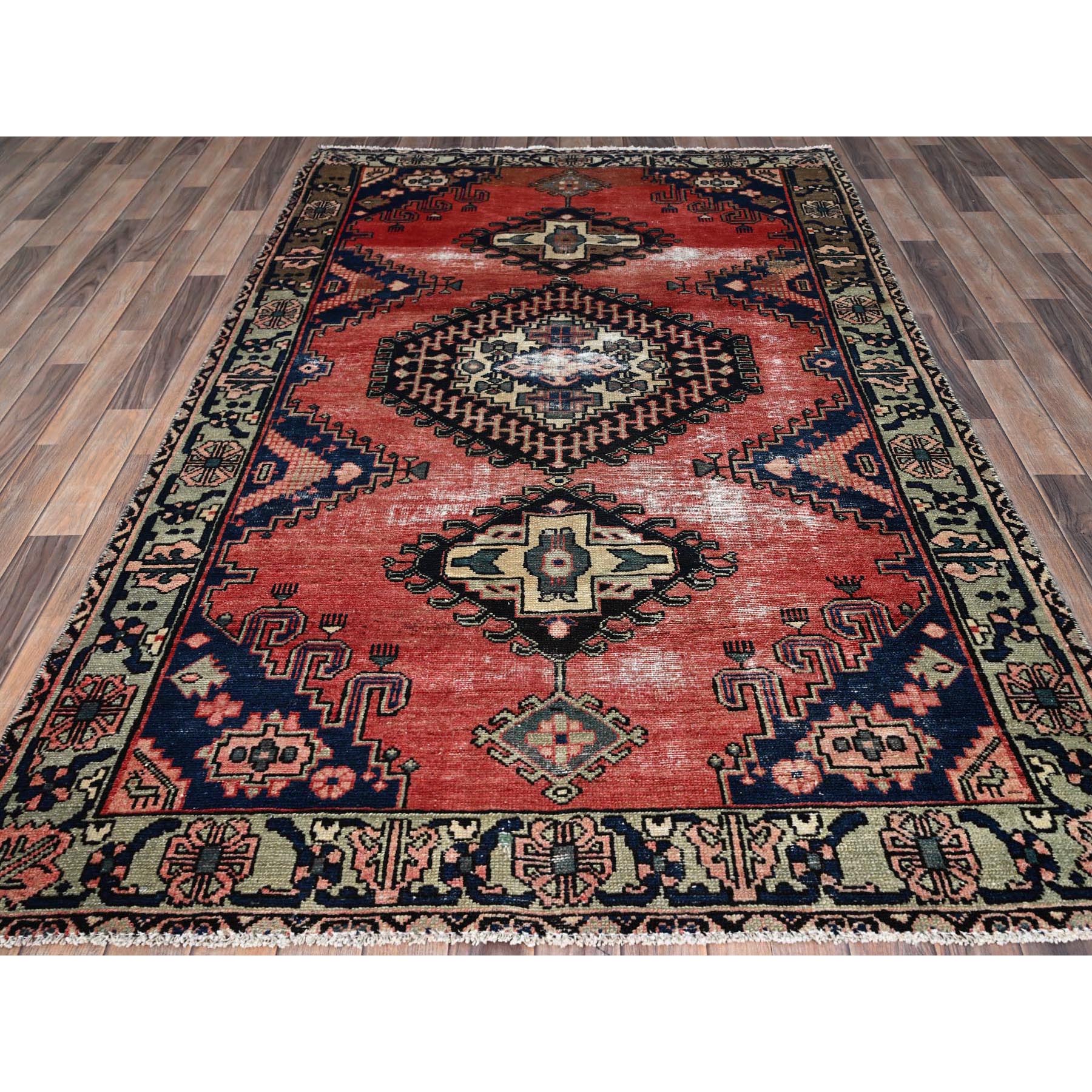 4'10"x8'3" Geranium Red, Nomad Creation and Rural Heritage, Worn Down, Hand Knotted Vintage Persian Viss, Distressed, Abrash, Organic Wool, Soft Pile, Oriental Rug Sh86672