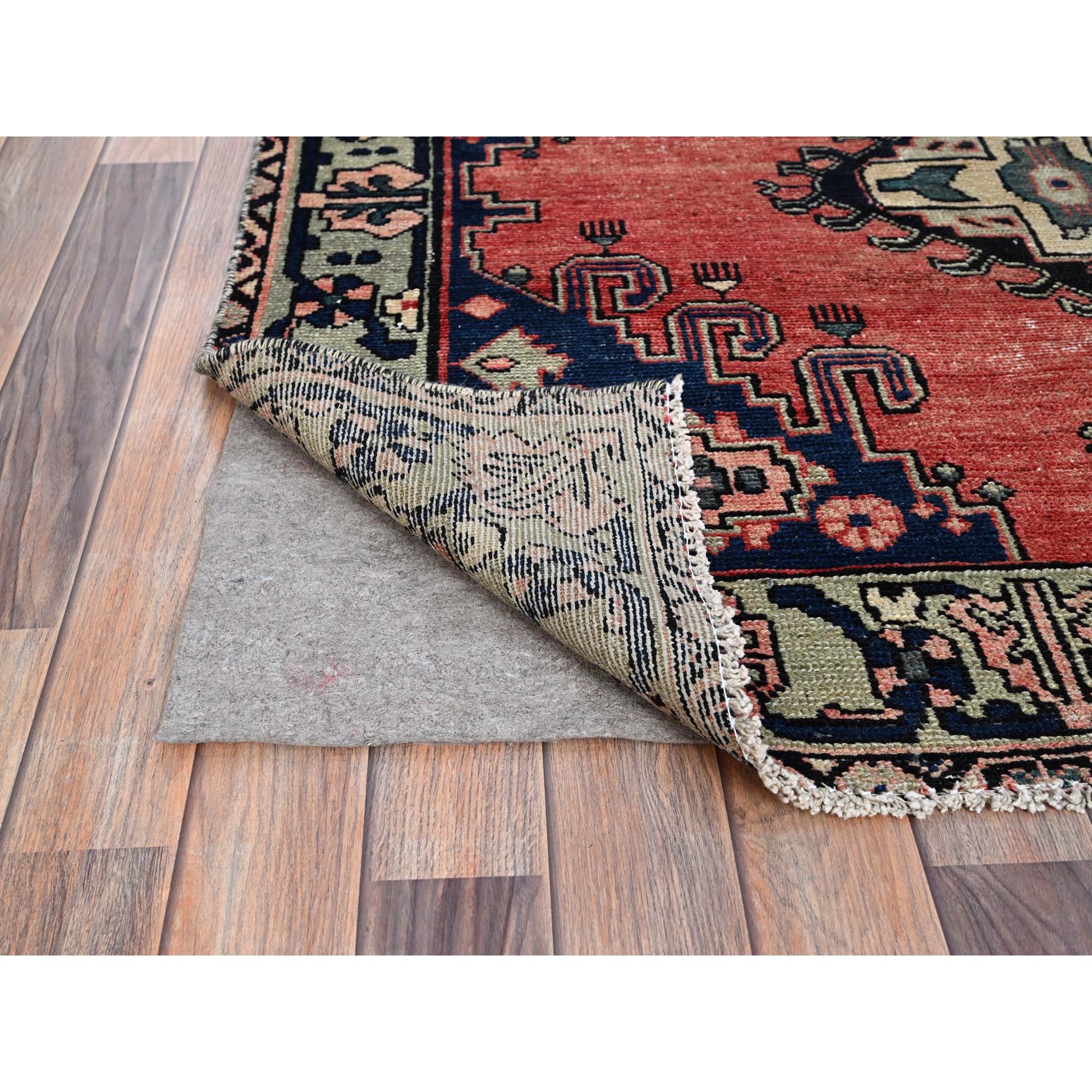 4'10"x8'3" Geranium Red, Nomad Creation and Rural Heritage, Worn Down, Hand Knotted Vintage Persian Viss, Distressed, Abrash, Organic Wool, Soft Pile, Oriental Rug Sh86672