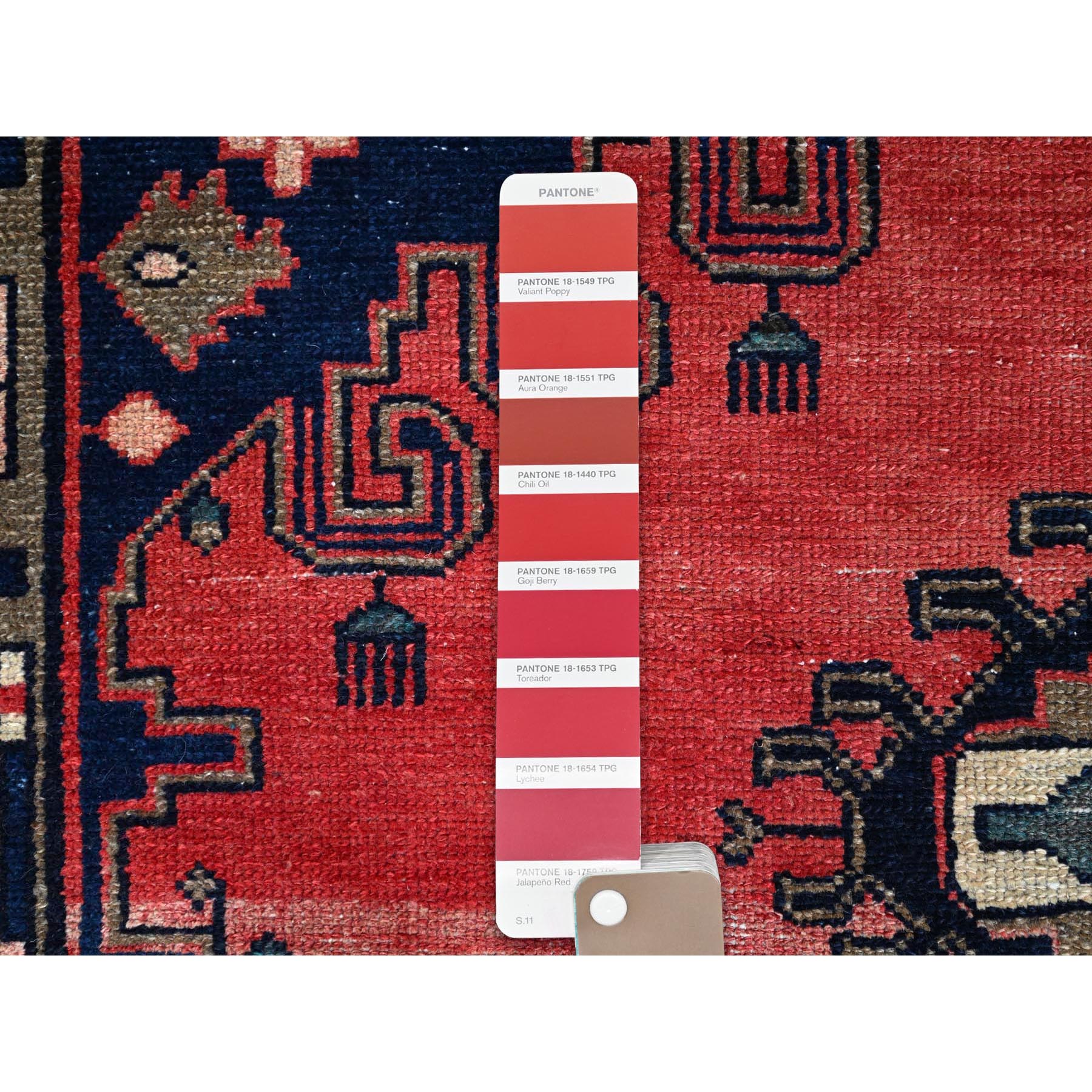 4'10"x8'3" Geranium Red, Nomad Creation and Rural Heritage, Worn Down, Hand Knotted Vintage Persian Viss, Distressed, Abrash, Organic Wool, Soft Pile, Oriental Rug Sh86672