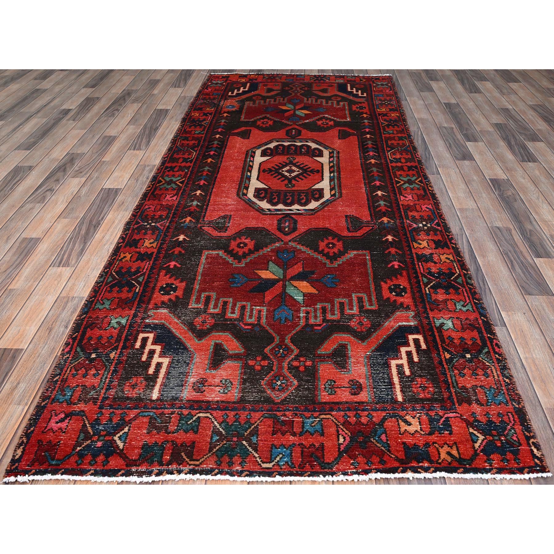 4'1"x9'10" Tractor Red, Vintage Persian Hamadan With Unique Medallion, Velvety Wool, Multicolored, Knotted Distressed, Sides And Secured Professionally, Clean Natural Dyes, Wide Runner Oriental Rug Sh86677