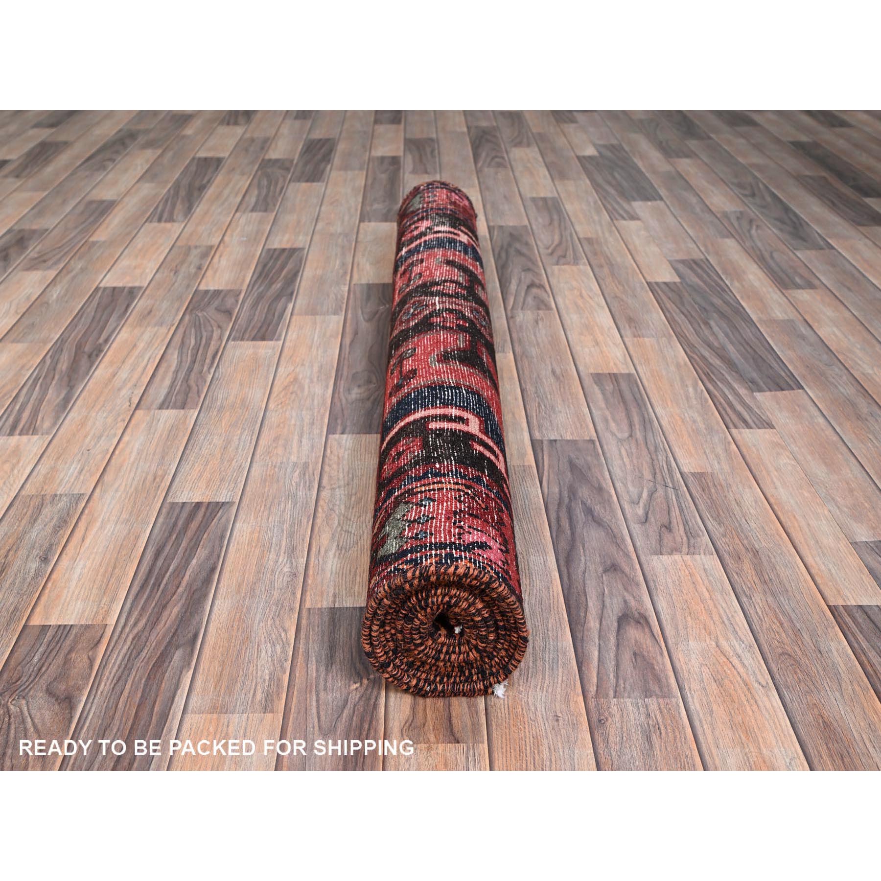 4'1"x9'10" Tractor Red, Vintage Persian Hamadan With Unique Medallion, Velvety Wool, Multicolored, Knotted Distressed, Sides And Secured Professionally, Clean Natural Dyes, Wide Runner Oriental Rug Sh86677