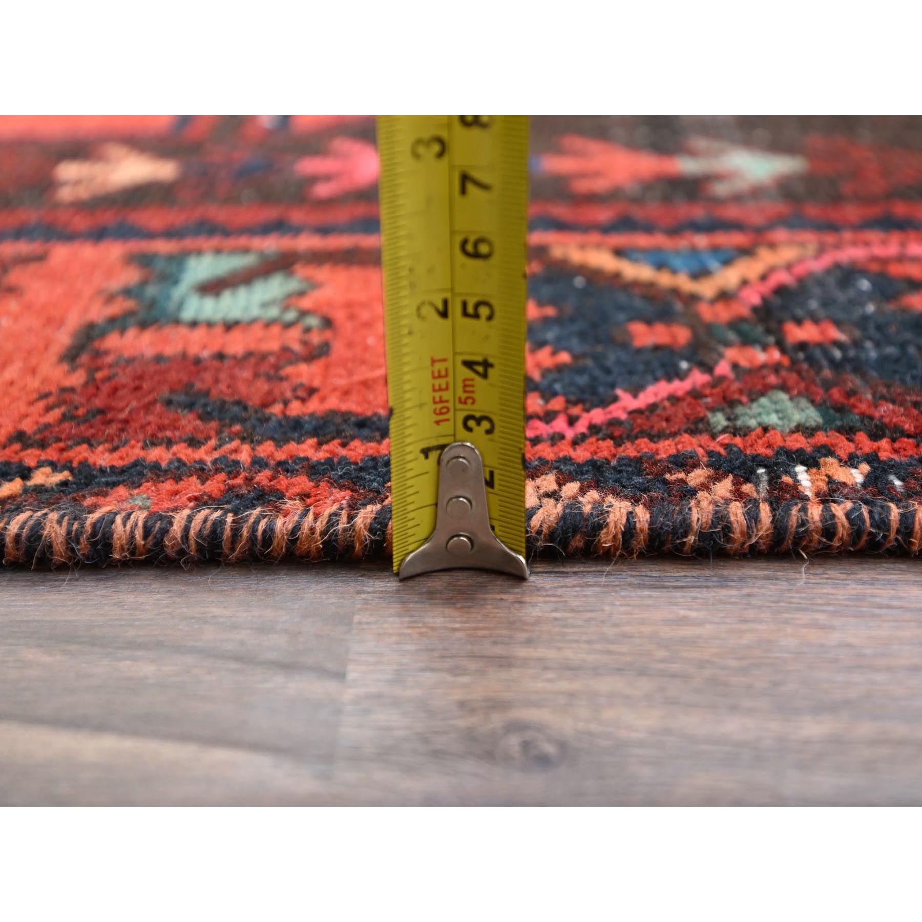 4'1"x9'10" Tractor Red, Vintage Persian Hamadan With Unique Medallion, Velvety Wool, Multicolored, Knotted Distressed, Sides And Secured Professionally, Clean Natural Dyes, Wide Runner Oriental Rug Sh86677