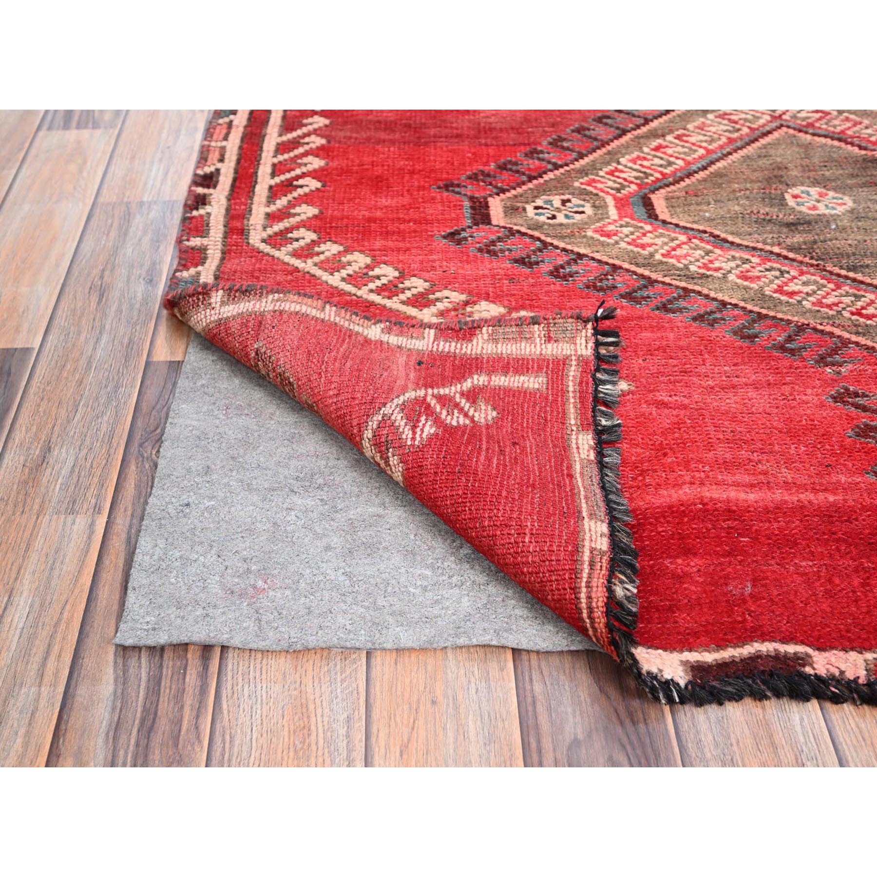 4'3"x9'3" Rusty Red, Semi Antique Shiraz with Geometric Medallion, Evenly Worn, Full Pile, Organic Wool, Sides And Ends Professionally Secured and Cleaned, Sheared Low, Hand Knotted, Distressed, Wide Runner Oriental Rug Sh86680