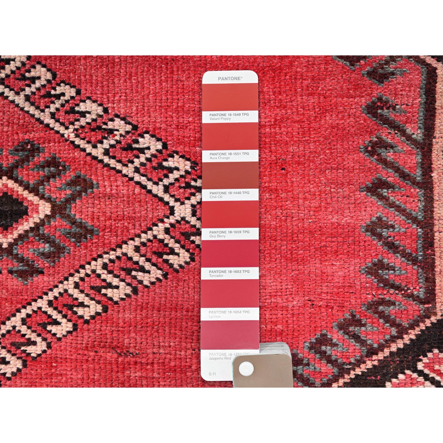 4'3"x9'3" Rusty Red, Semi Antique Shiraz with Geometric Medallion, Evenly Worn, Full Pile, Organic Wool, Sides And Ends Professionally Secured and Cleaned, Sheared Low, Hand Knotted, Distressed, Wide Runner Oriental Rug Sh86680