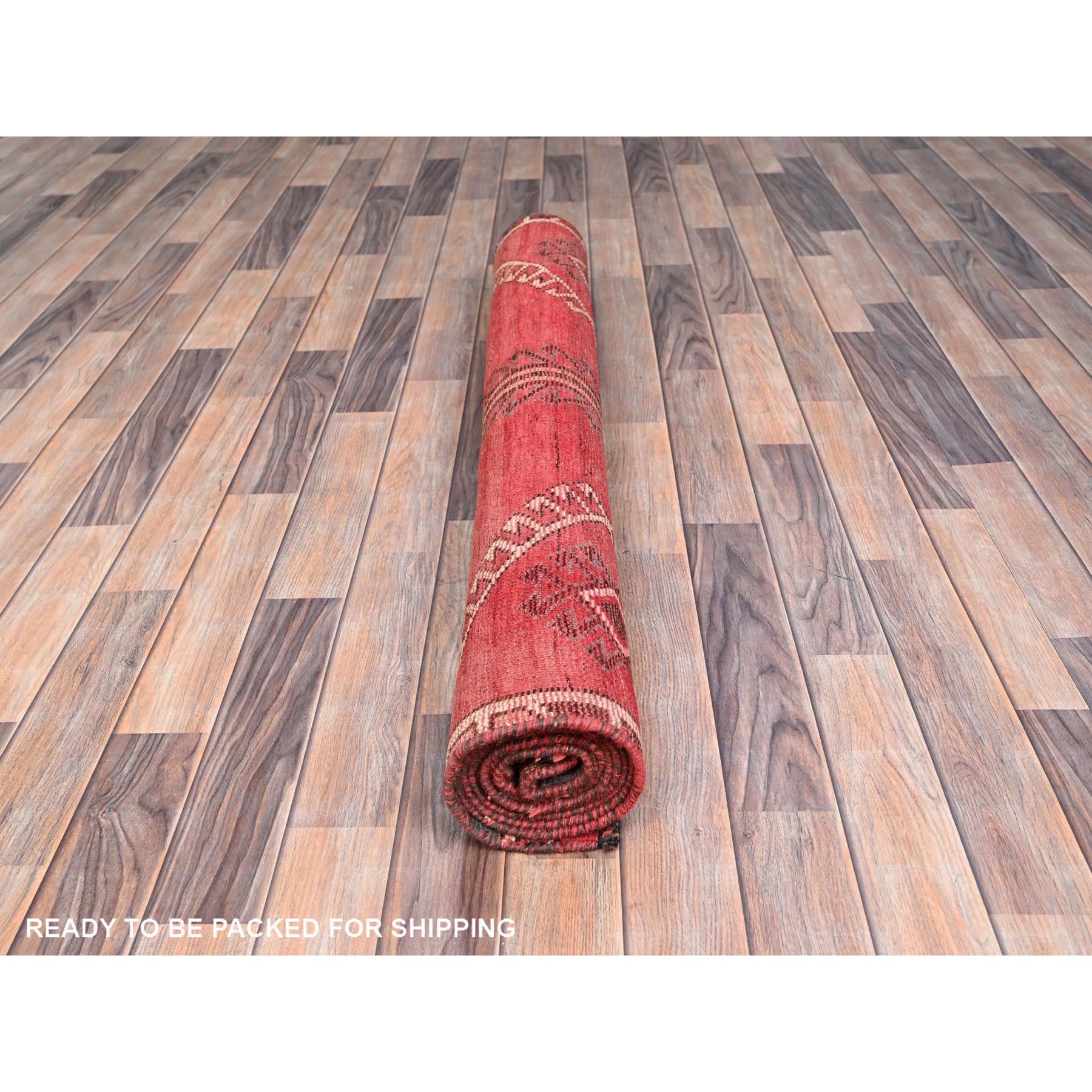 4'3"x9'3" Rusty Red, Semi Antique Shiraz with Geometric Medallion, Evenly Worn, Full Pile, Organic Wool, Sides And Ends Professionally Secured and Cleaned, Sheared Low, Hand Knotted, Distressed, Wide Runner Oriental Rug Sh86680