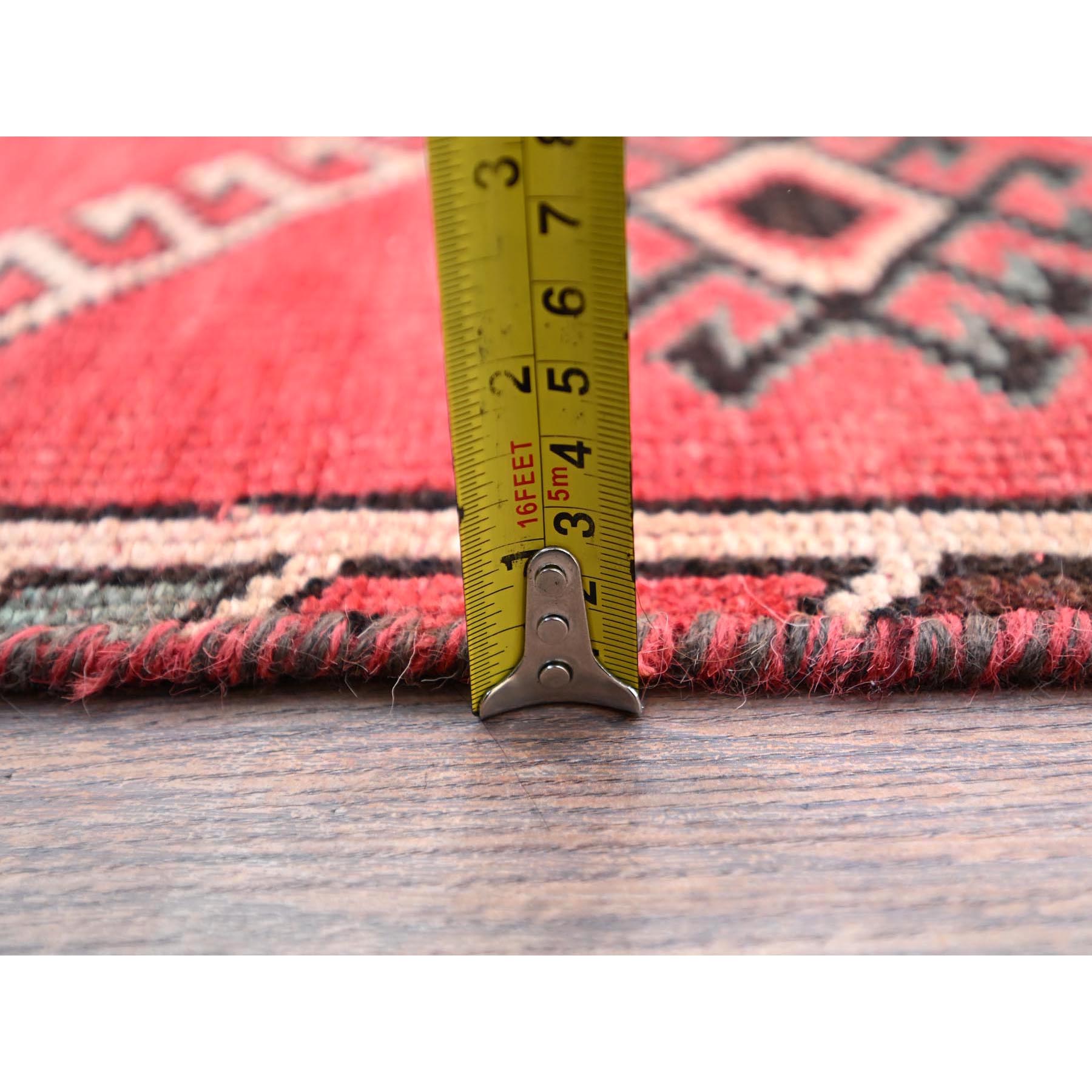 4'3"x9'3" Rusty Red, Semi Antique Shiraz with Geometric Medallion, Evenly Worn, Full Pile, Organic Wool, Sides And Ends Professionally Secured and Cleaned, Sheared Low, Hand Knotted, Distressed, Wide Runner Oriental Rug Sh86680