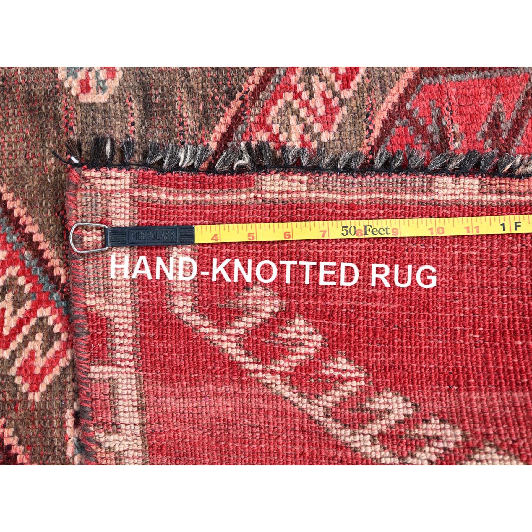 4'3"x9'3" Rusty Red, Semi Antique Shiraz with Geometric Medallion, Evenly Worn, Full Pile, Organic Wool, Sides And Ends Professionally Secured and Cleaned, Sheared Low, Hand Knotted, Distressed, Wide Runner Oriental Rug Sh86680