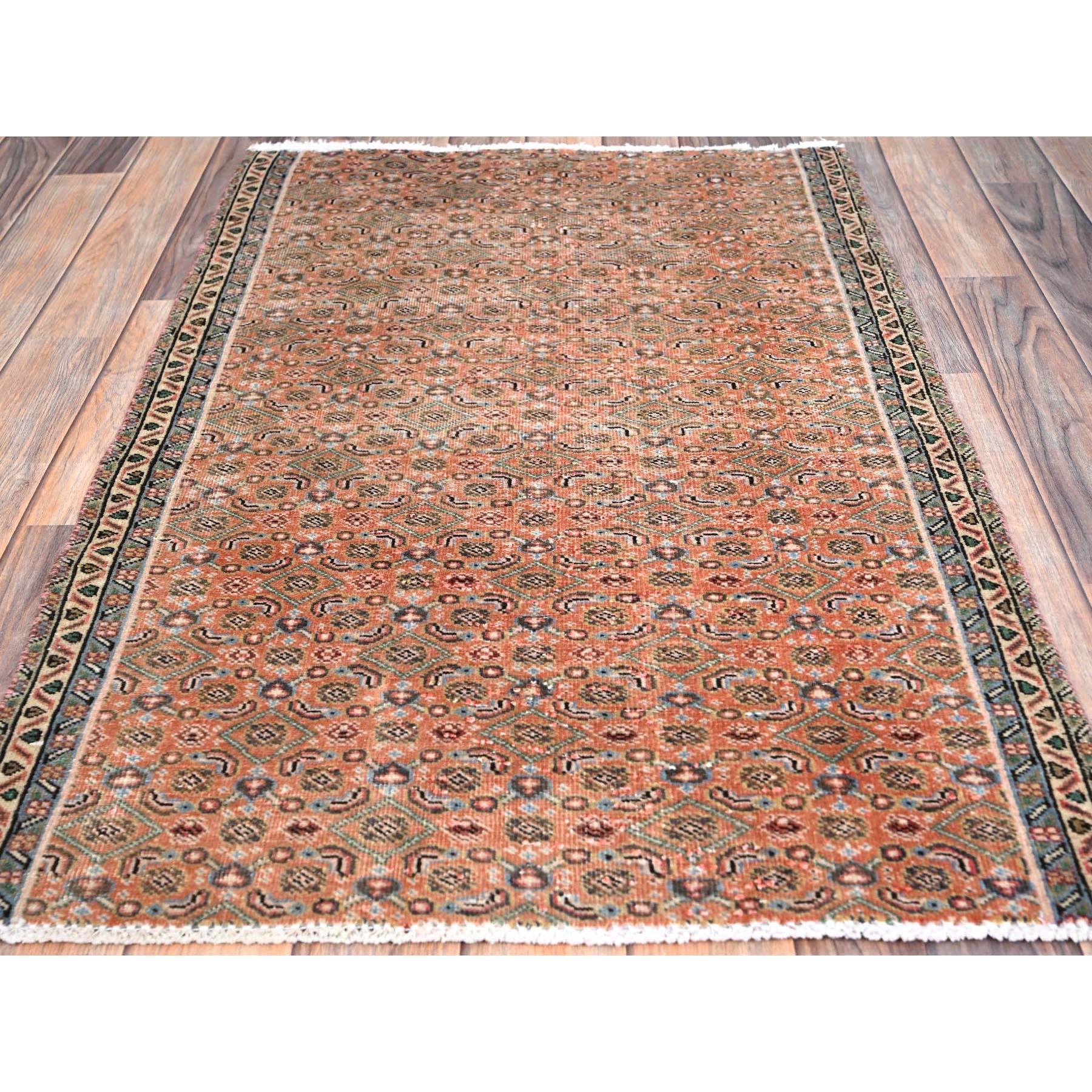2'5"x3'8" Savanna Brown, Hand Knotted, Vintage North West Persian Fragment, All Over Design, Evenly Worn, Vibrant Wool, Cropped Thin, Distressed, Sides and Ends Professionally Secured, Abrash Mat Oriental Rug Sh86683
