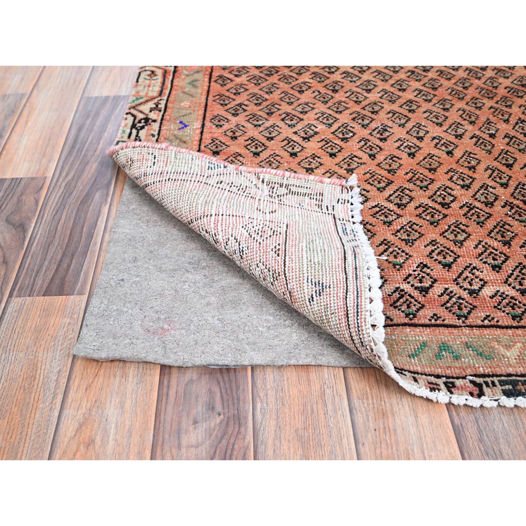 2'9"x3'10" Canyon Sunset Orange, Hand Knotted With Boteh All Over Design, Distressed Look, Cropped Thin, Soft And Silky Wool, Evenly Worn With No Holes, Persian Sarouk Mir, Antique Oriental Rug Sh86684