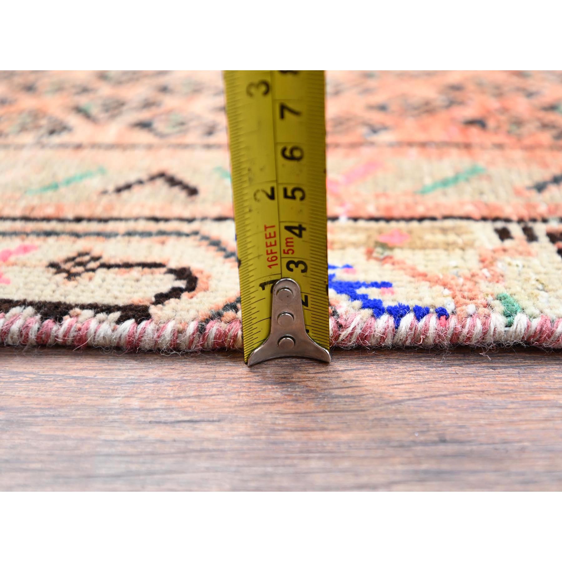 2'9"x3'10" Canyon Sunset Orange, Hand Knotted With Boteh All Over Design, Distressed Look, Cropped Thin, Soft And Silky Wool, Evenly Worn With No Holes, Persian Sarouk Mir, Antique Oriental Rug Sh86684