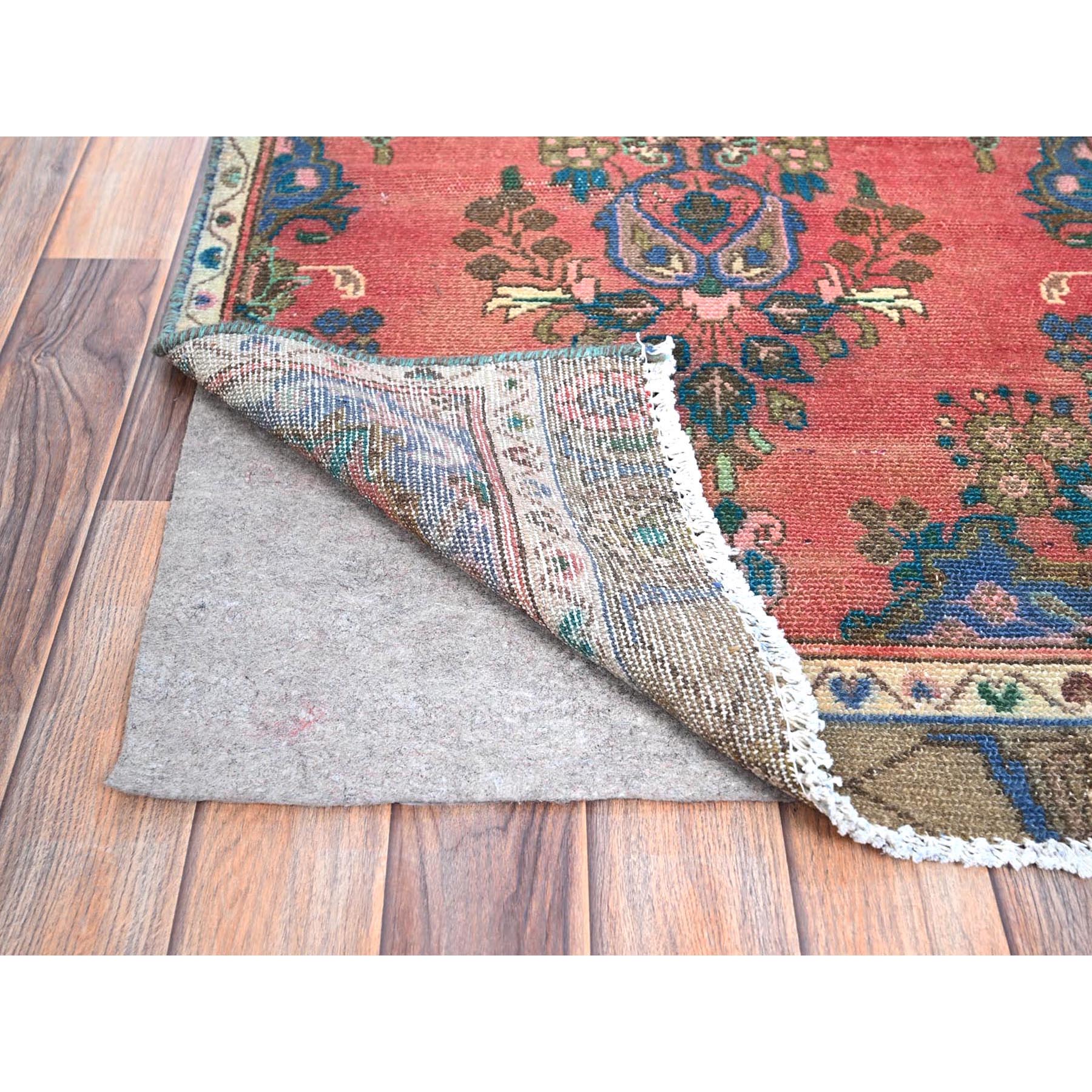 2'5"x10'8" Indian Red, Narrow Vintage Persian Bibikabad, Hand Knotted With Extra Soft Wool, Good Condition, Professionally Secured, Cropped Thin, Distressed Look, Runner Oriental Rug Sh86691