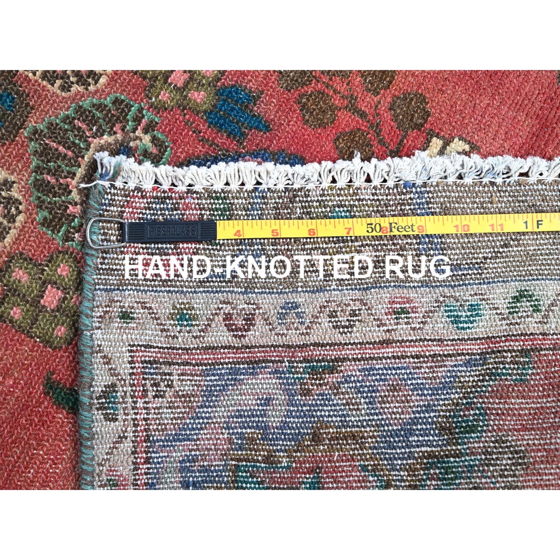 2'5"x10'8" Indian Red, Narrow Vintage Persian Bibikabad, Hand Knotted With Extra Soft Wool, Good Condition, Professionally Secured, Cropped Thin, Distressed Look, Runner Oriental Rug Sh86691