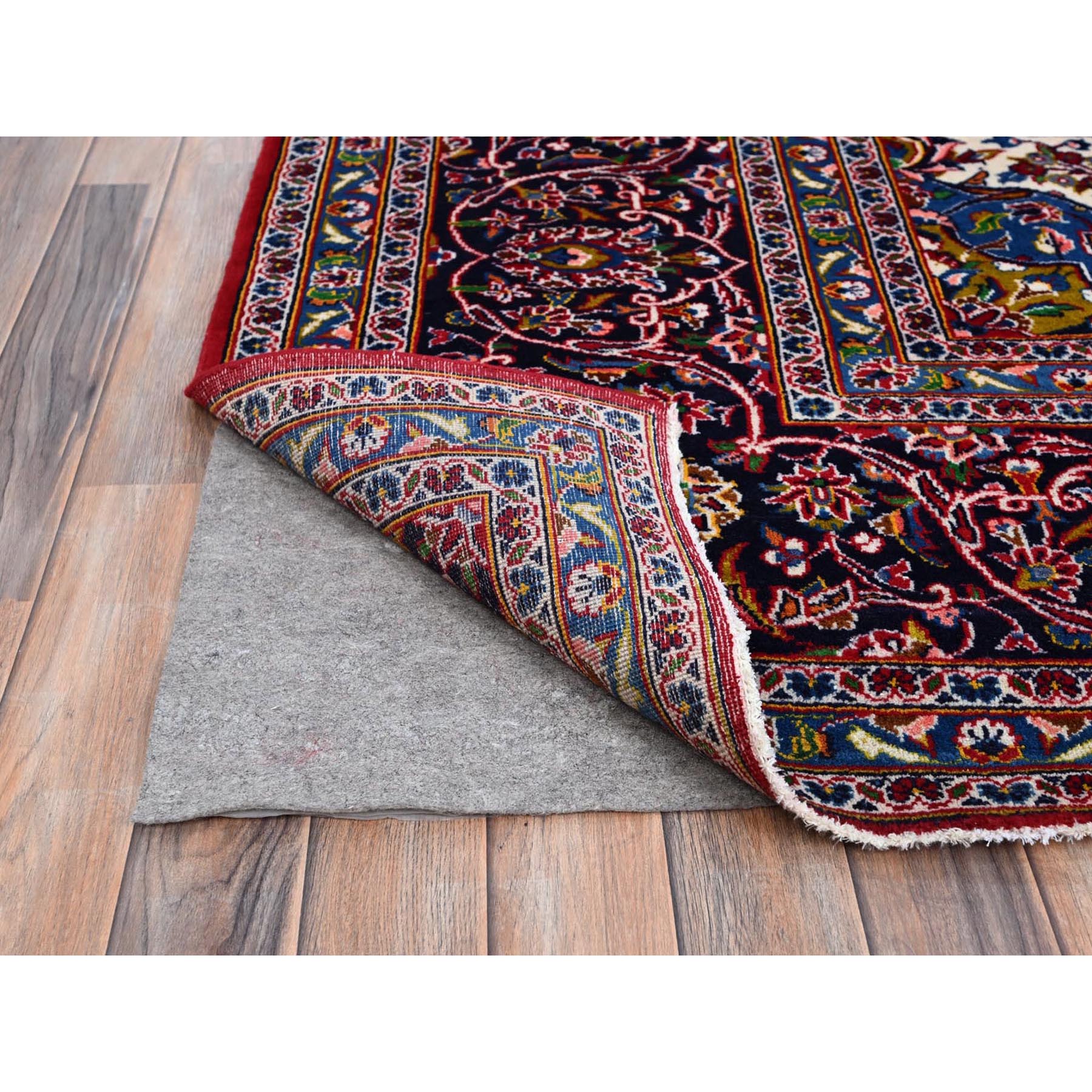 10'1"x13' Angels Red, Blue Border and Corners, Old Persian Kashan Hand Knotted Medallion Design, Nomad Creation, Full Pile, Vegetable Dyes, All Wool Oriental Rug Sh86697