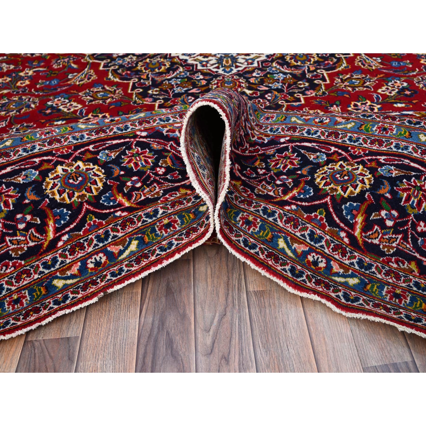 10'1"x13' Angels Red, Blue Border and Corners, Old Persian Kashan Hand Knotted Medallion Design, Nomad Creation, Full Pile, Vegetable Dyes, All Wool Oriental Rug Sh86697