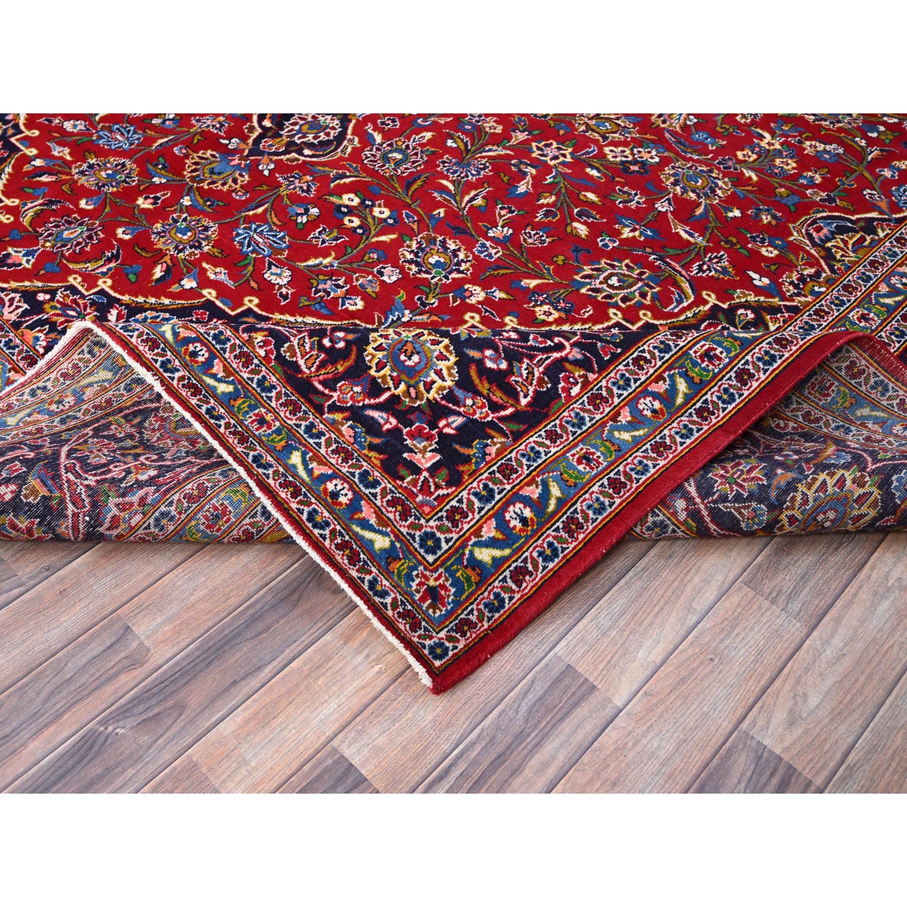 10'1"x13' Angels Red, Blue Border and Corners, Old Persian Kashan Hand Knotted Medallion Design, Nomad Creation, Full Pile, Vegetable Dyes, All Wool Oriental Rug Sh86697